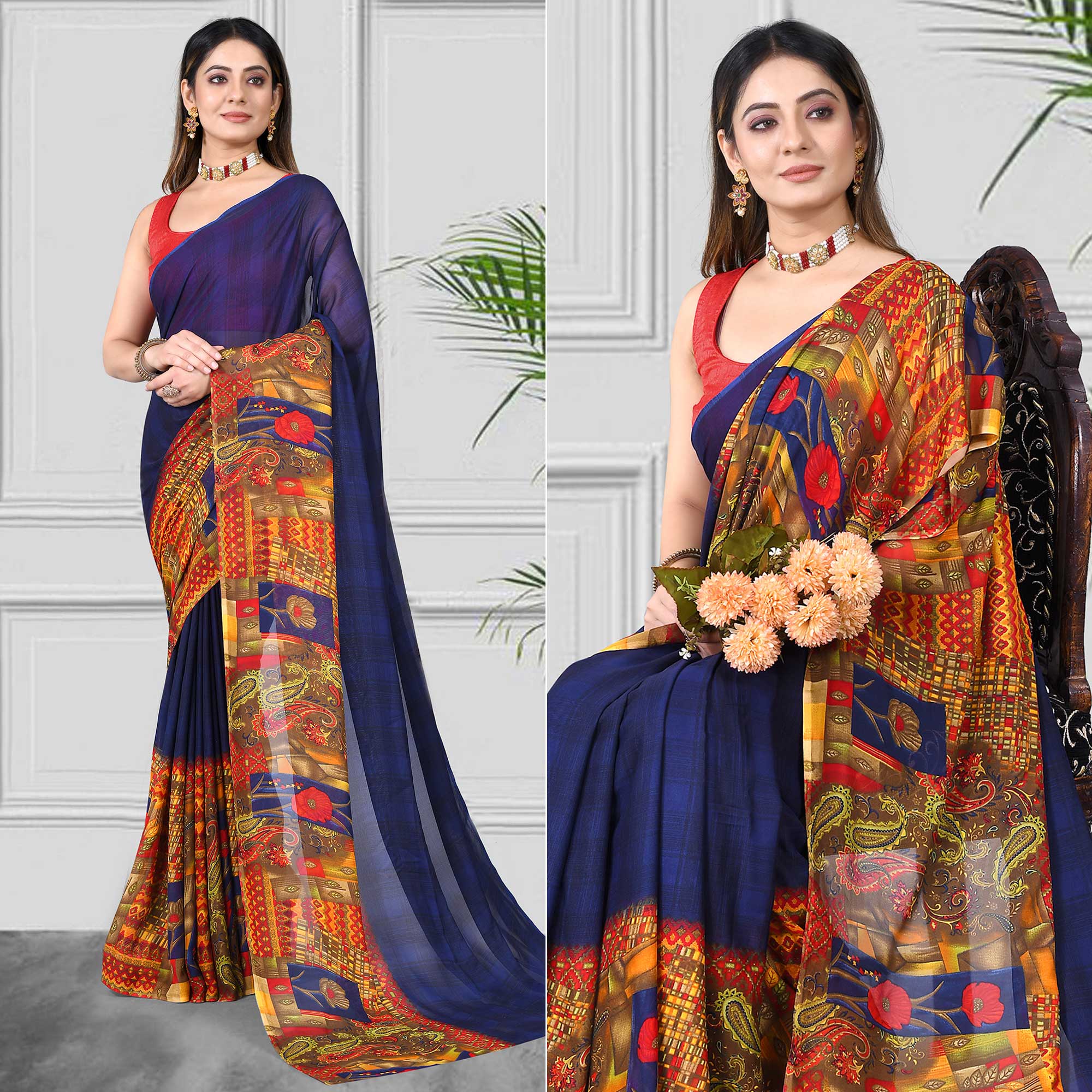 Blue Floral Printed Georgette Saree