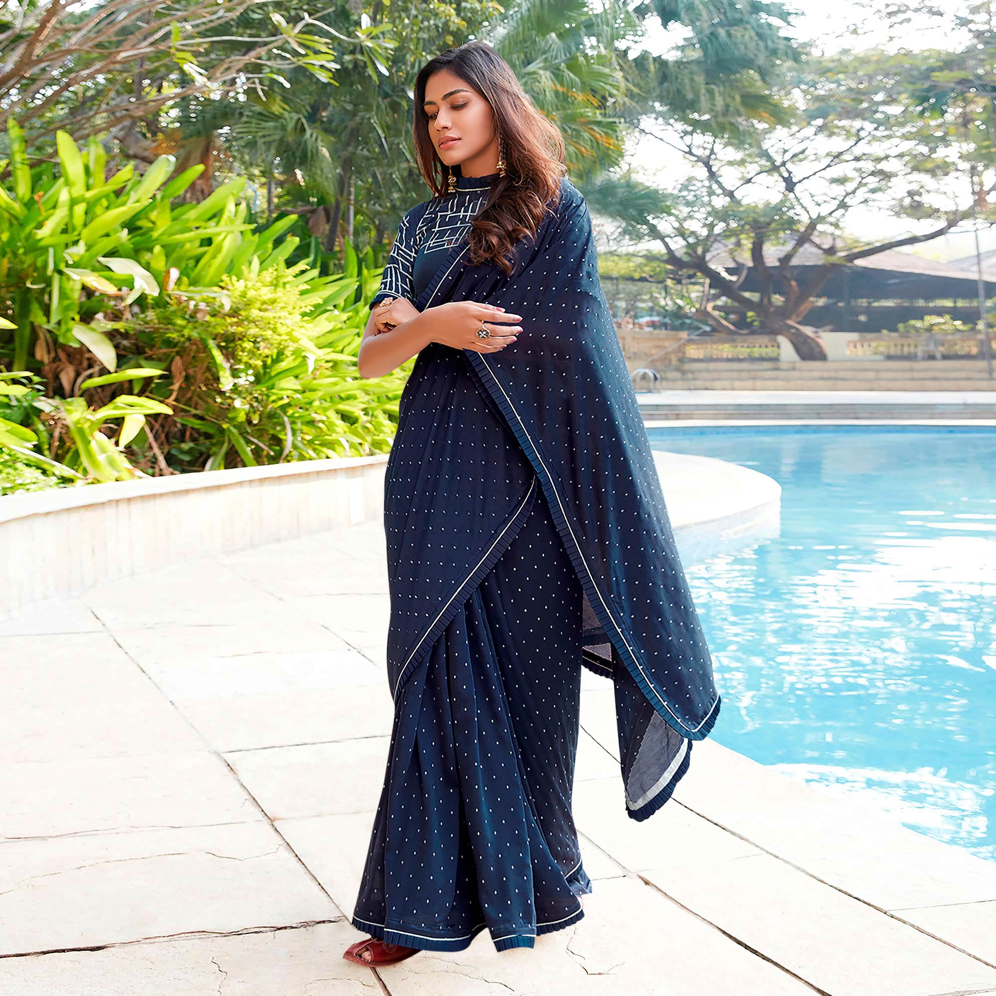 Blue Printed With Pleated Border Cotton Silk Saree