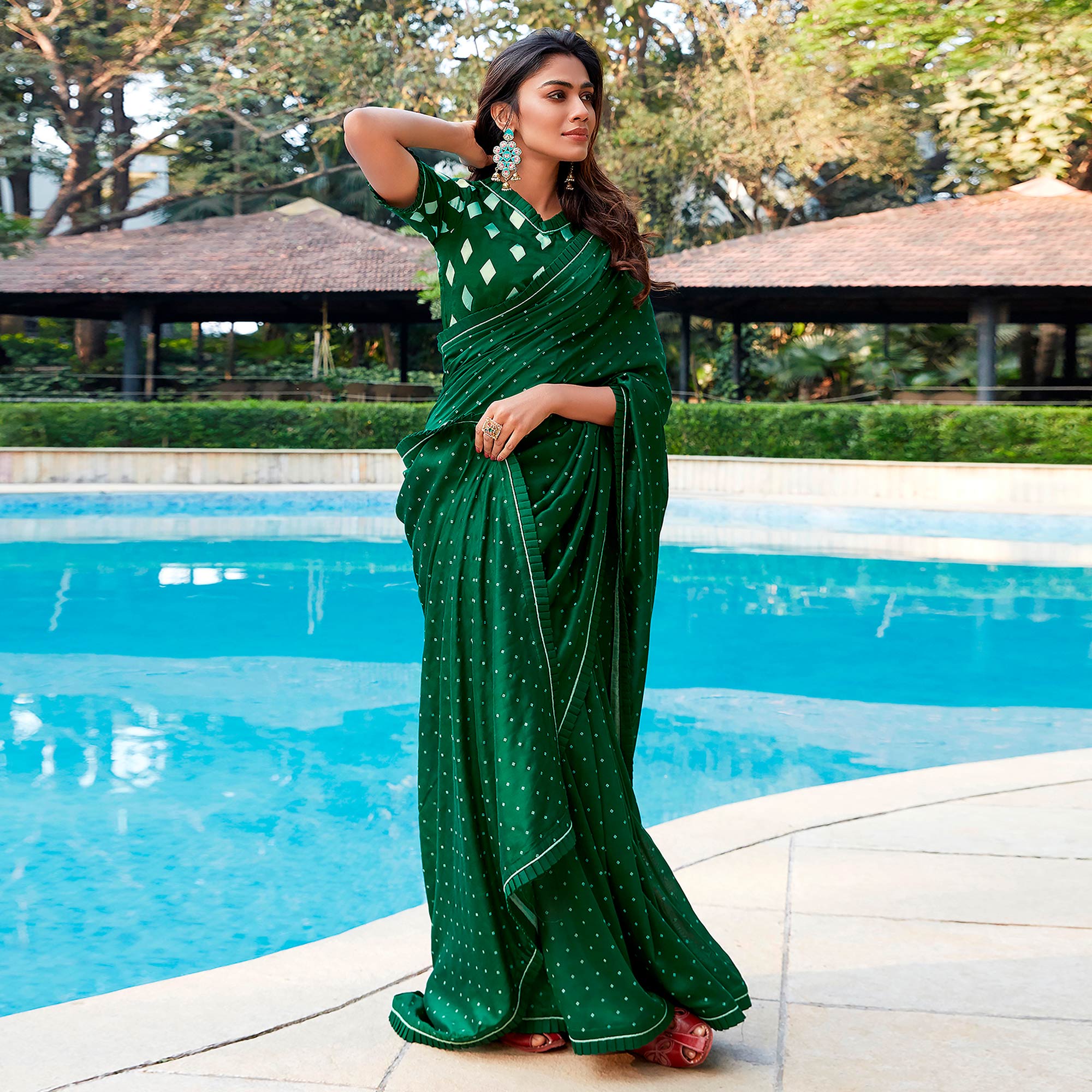 Green Printed With Pleated Border Cotton Silk Saree