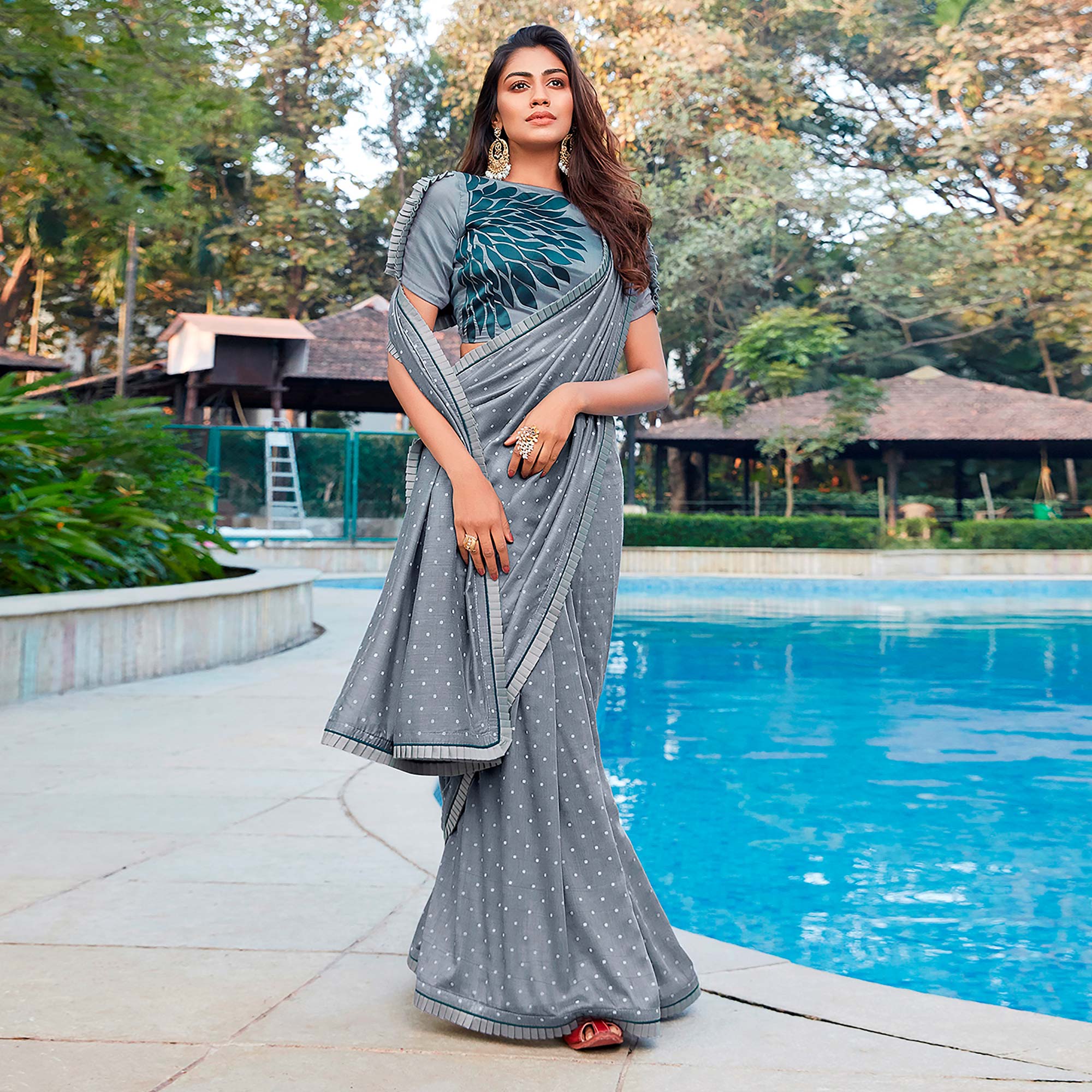 Grey Printed With Pleated Border Cotton Silk Saree