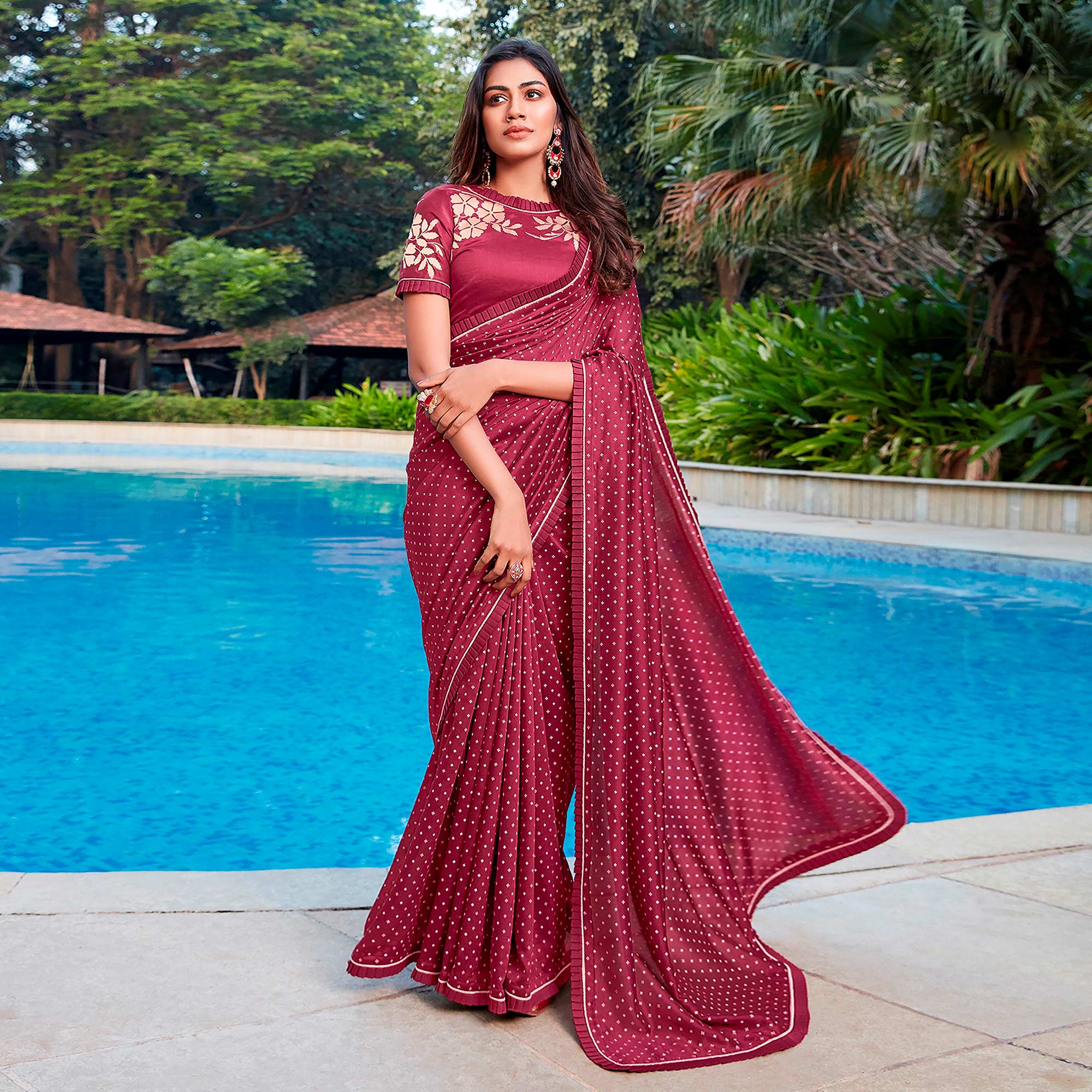 Maroon Printed With Pleated Border Cotton Silk Saree