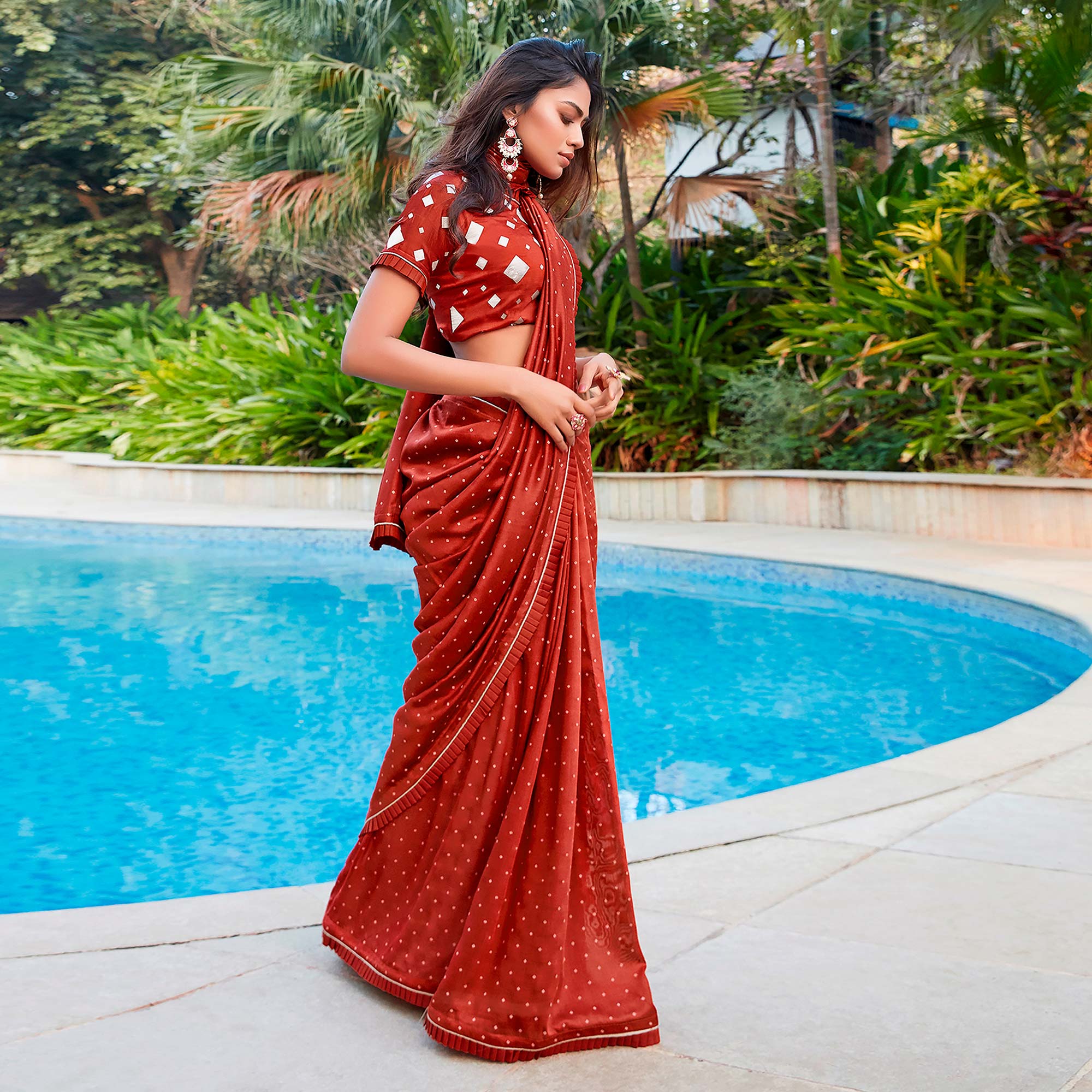 Red Printed With Pleated Border Cotton Silk Saree