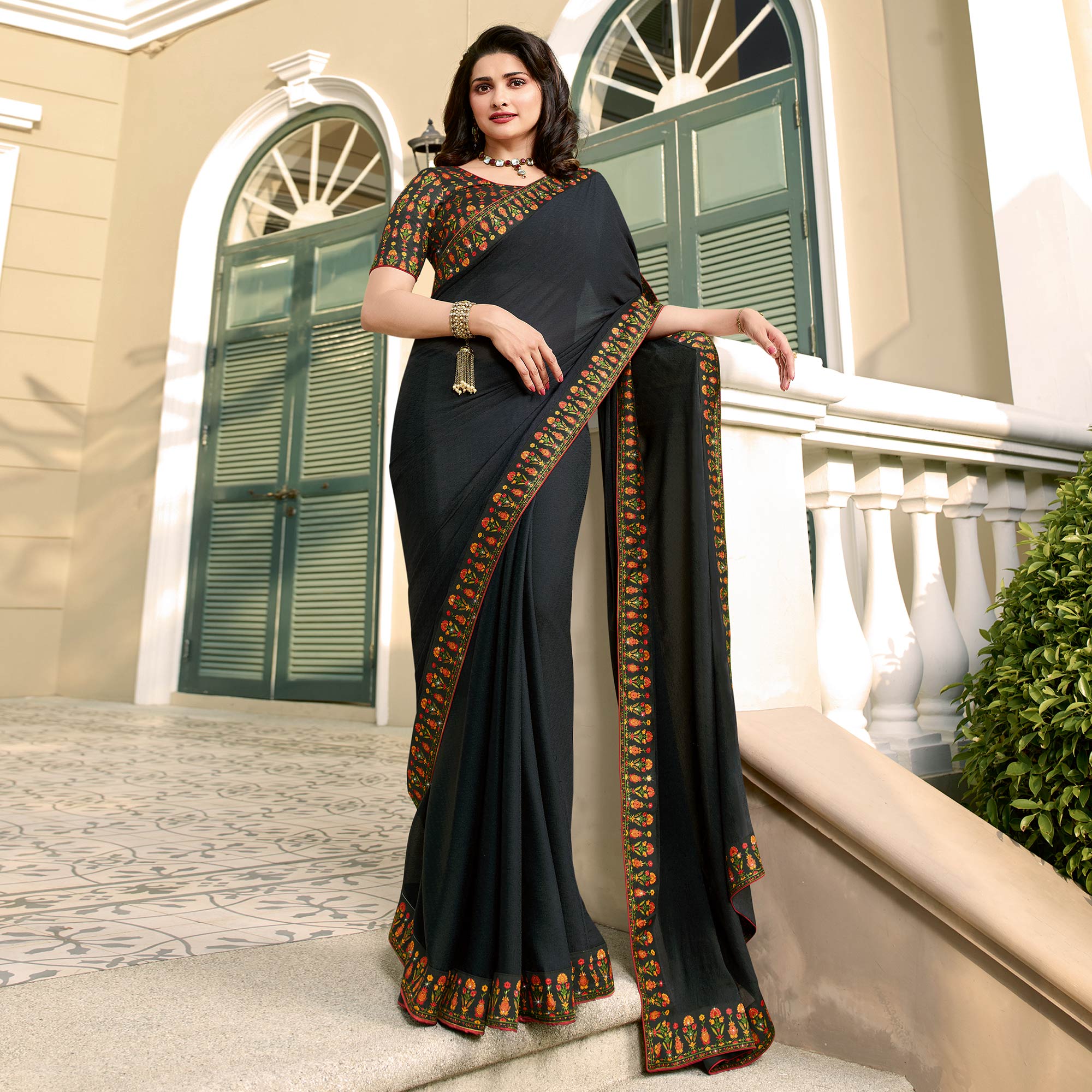 Black Floral Digital Printed Georgette Saree