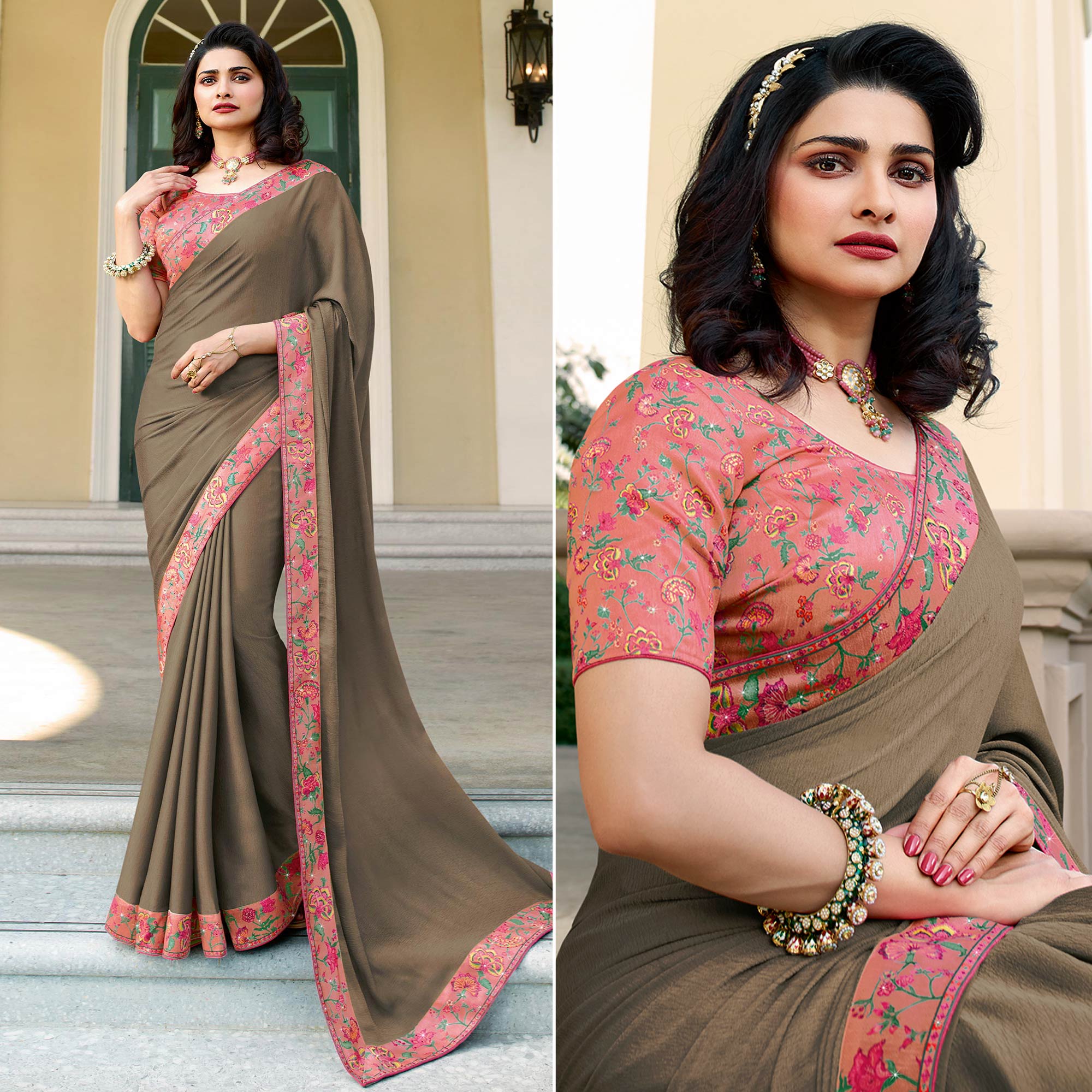 Brown Floral Digital Printed Georgette Saree