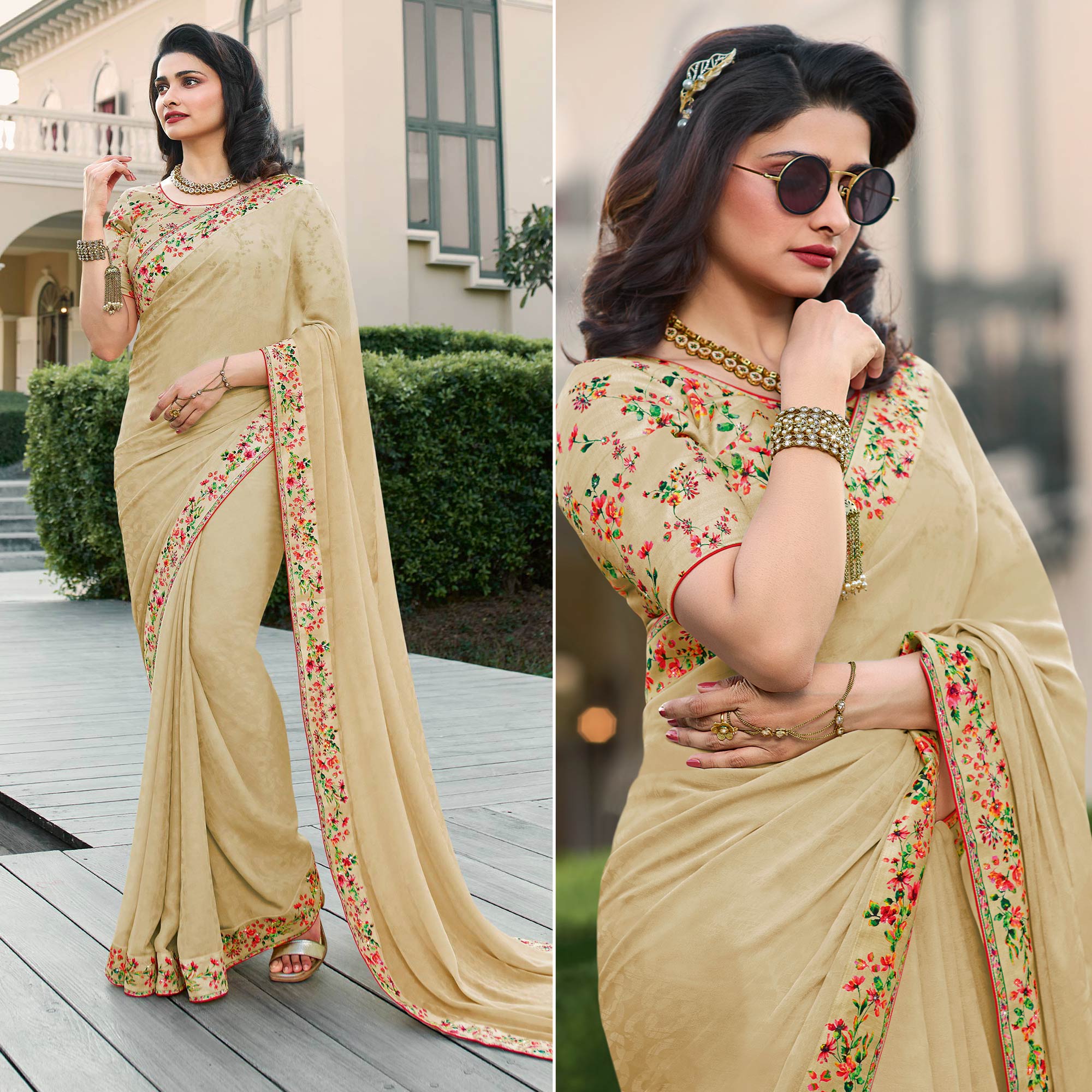 Cream Floral Digital Printed Georgette Saree