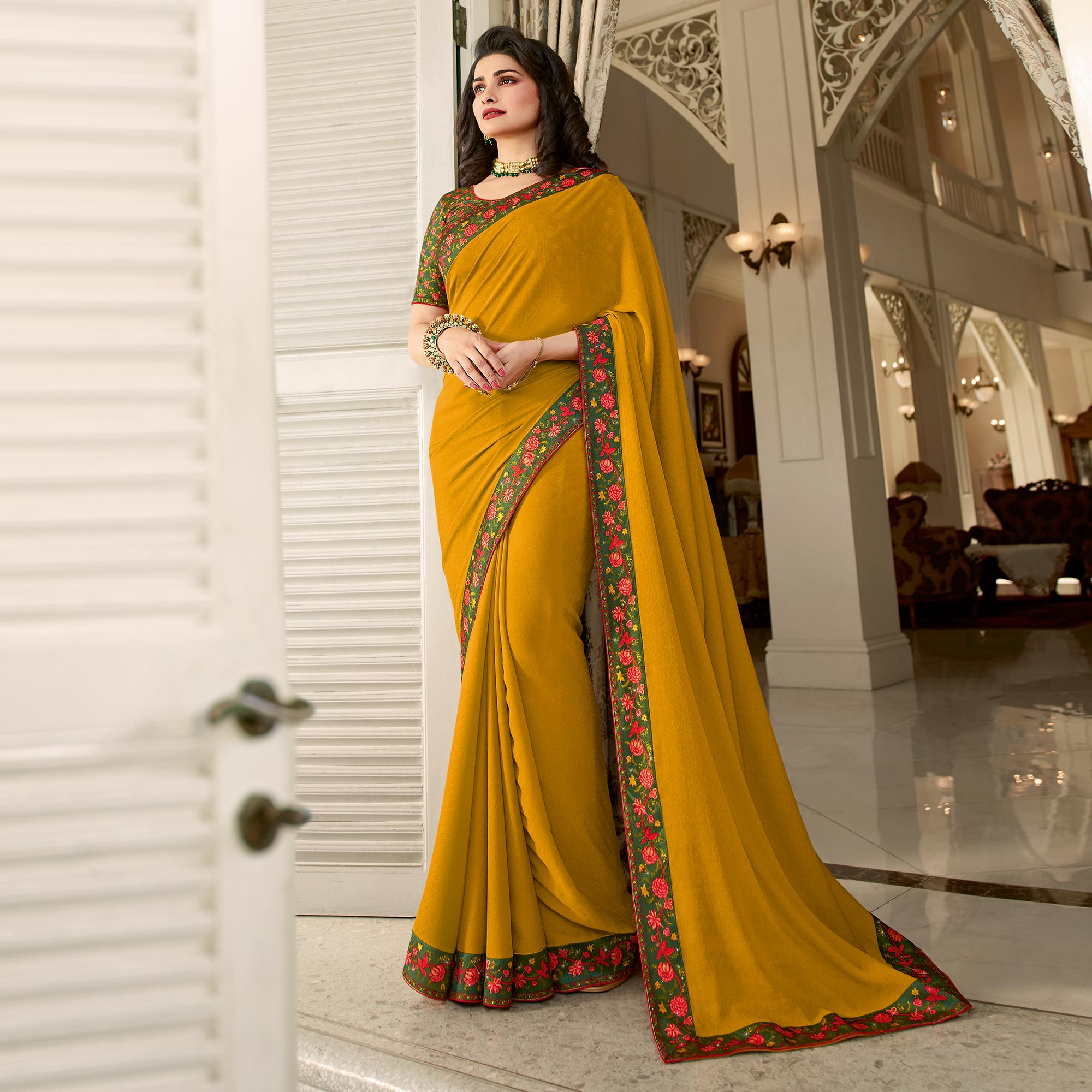 Mustard Floral Digital Printed Georgette Saree