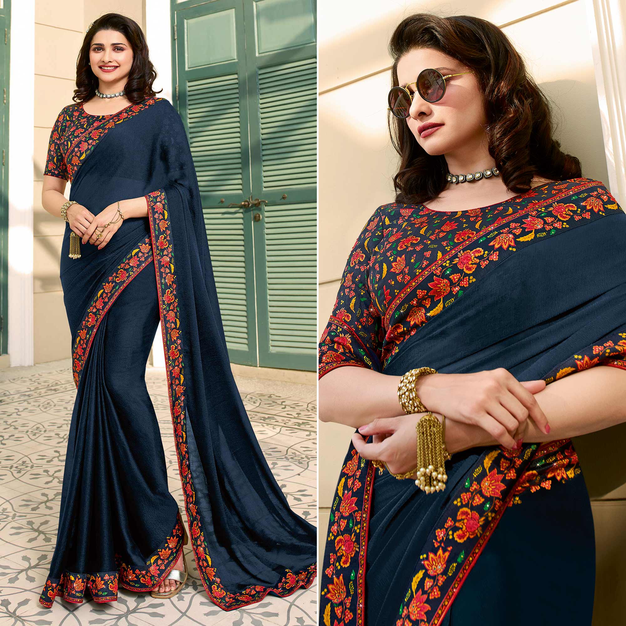 Navy Blue Floral Digital Printed Georgette Saree