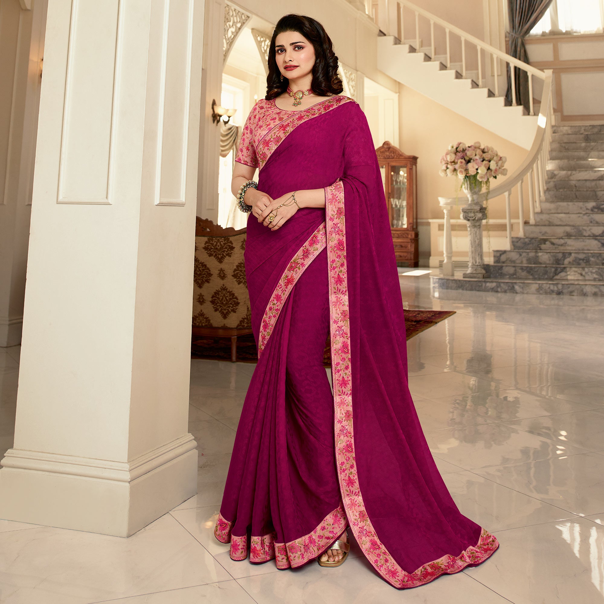 Pink Floral Digital Printed Georgette Saree