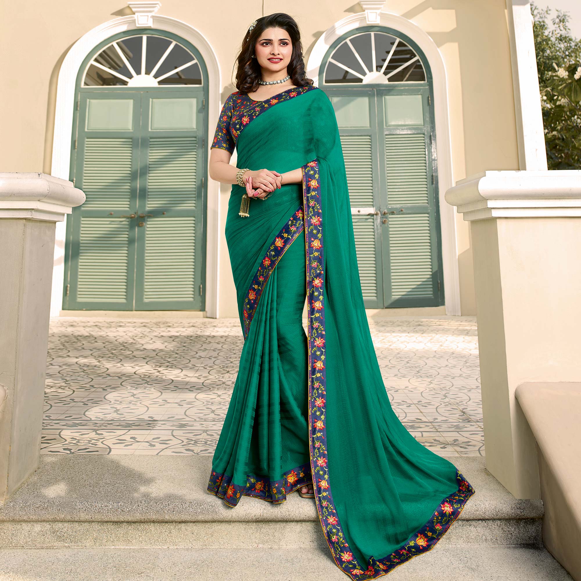 Turquoise Floral Digital Printed Georgette Saree