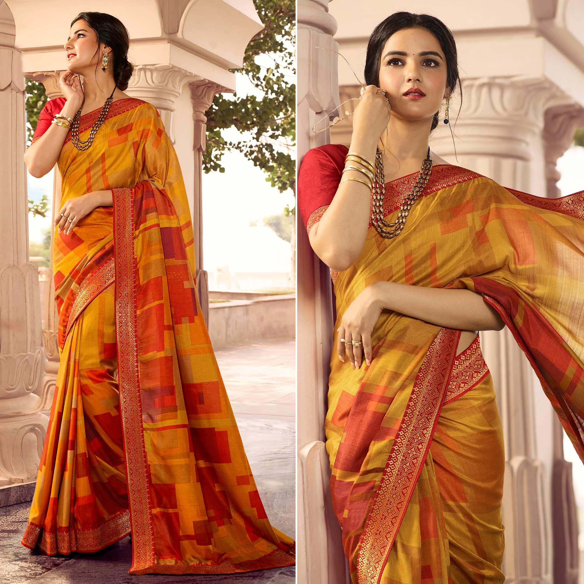 Yellow Printed Art Silk Saree