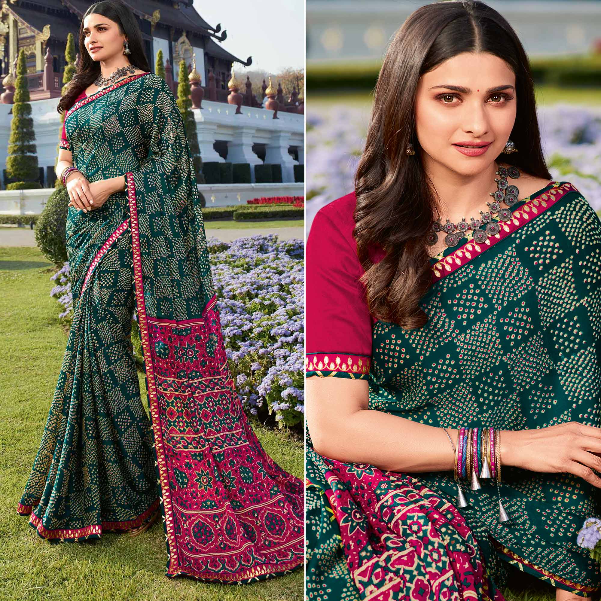 Dark Green Bandhani Printed Chiffon Saree