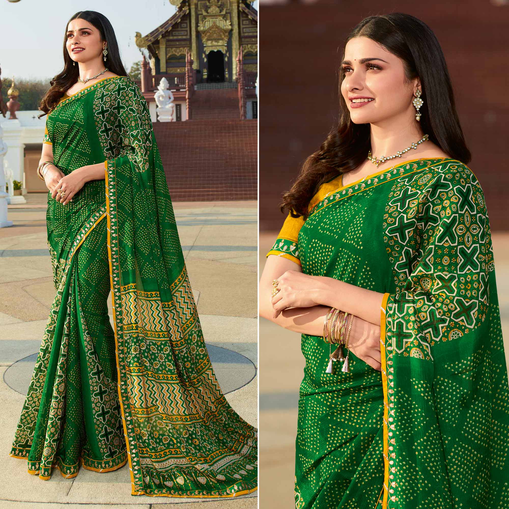 Green Bandhani Printed Chiffon Saree