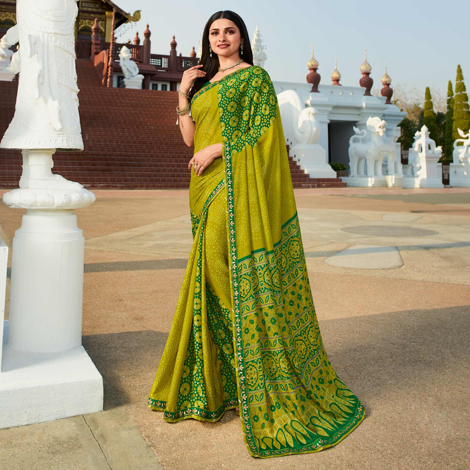 Olive Green Bandhani Printed Chiffon Saree