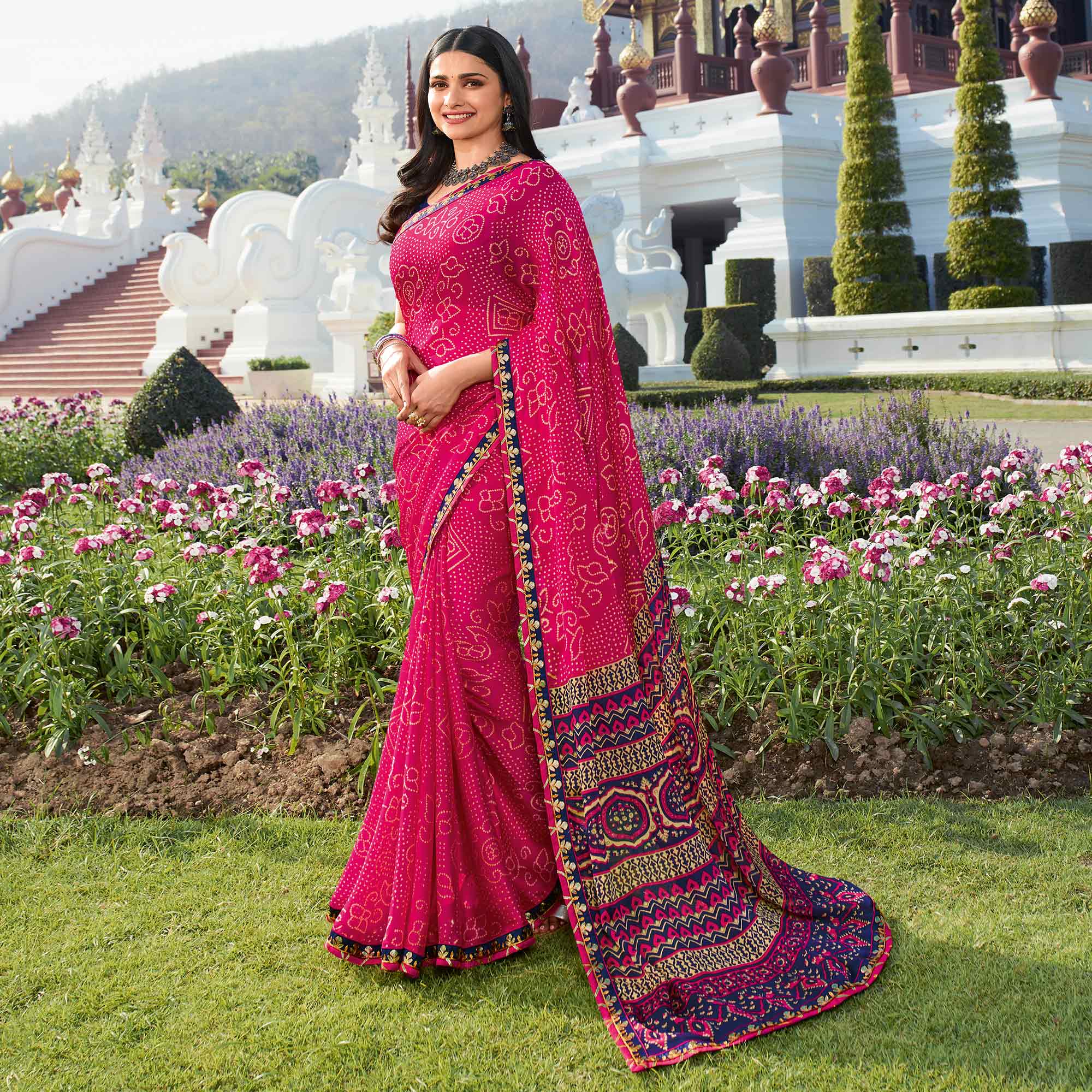 Pink Bandhani Printed Chiffon Saree