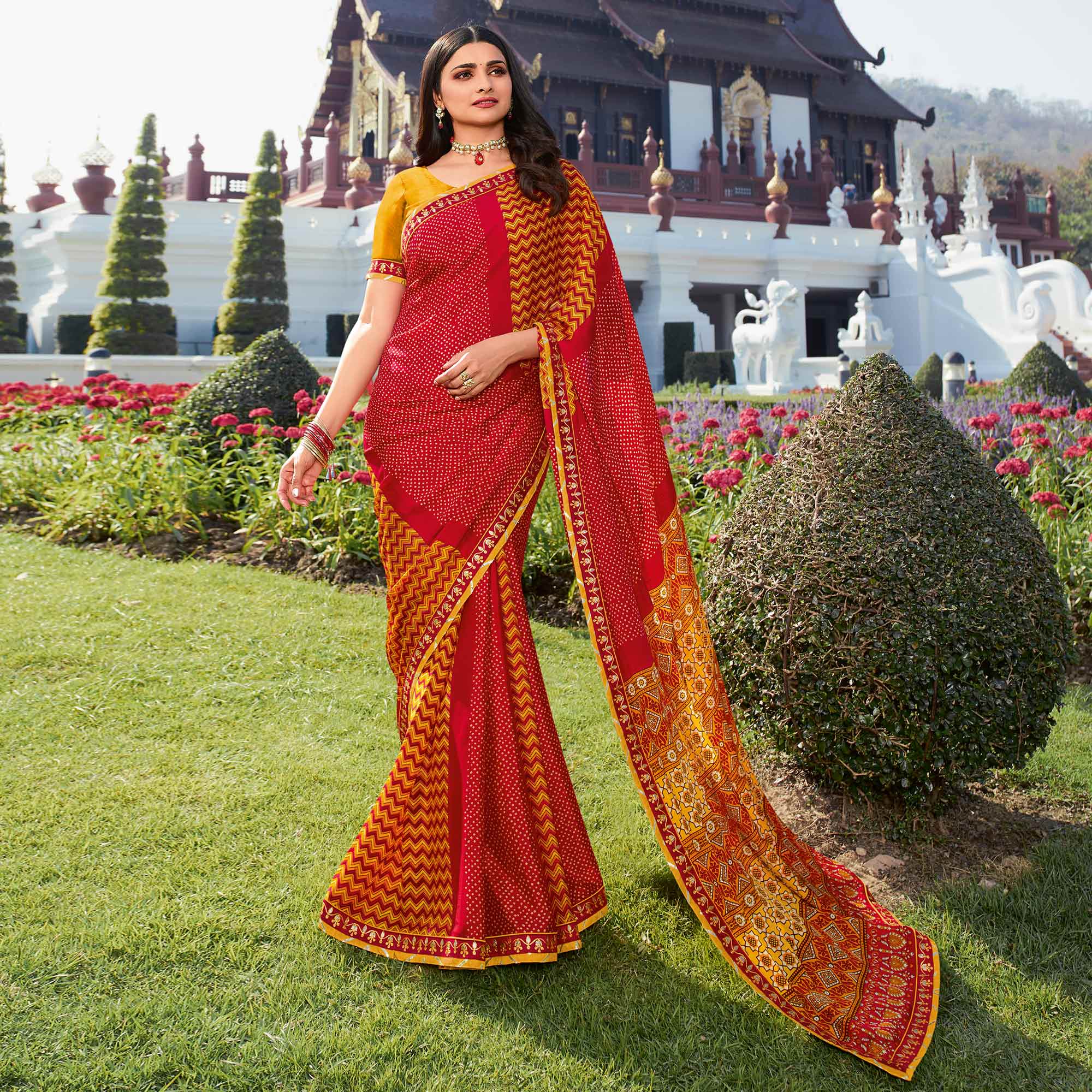 Red Bandhani Printed Chiffon Saree