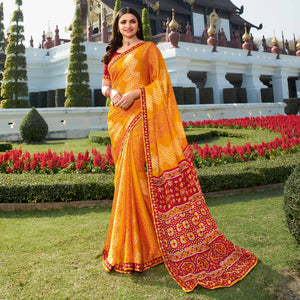 Yellow Bandhani Printed Chiffon Saree