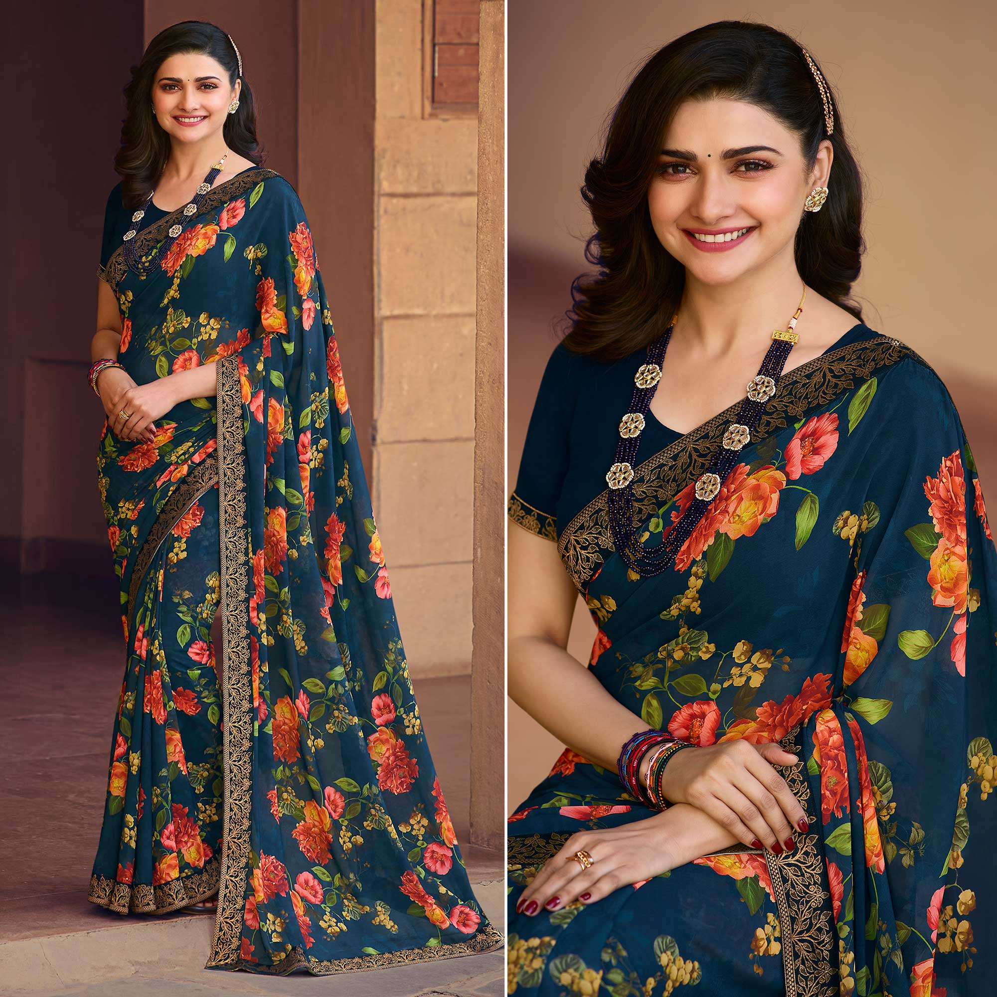 Navy Blue Floral Printed Georgette Saree