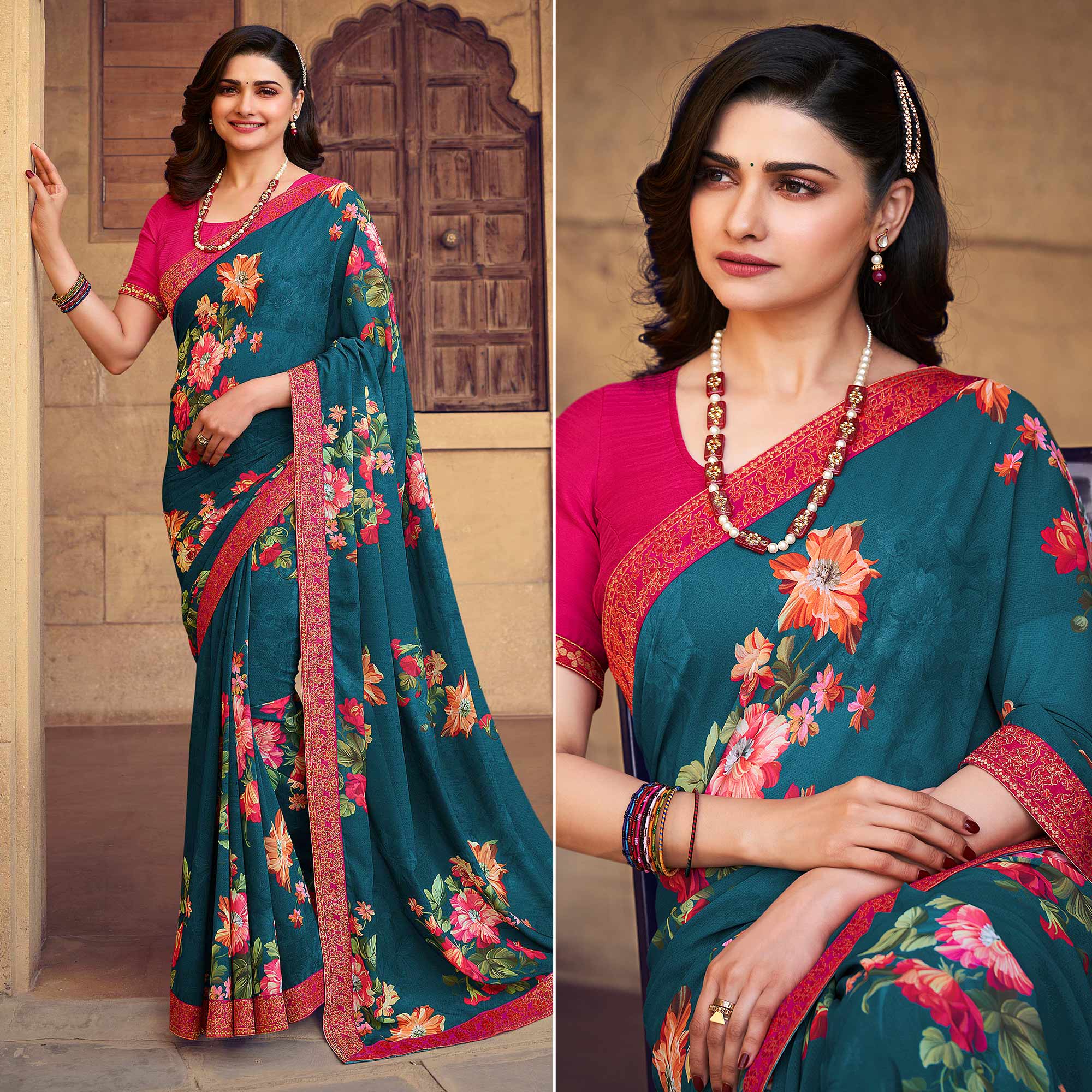 Teal Blue Floral Printed Georgette Saree