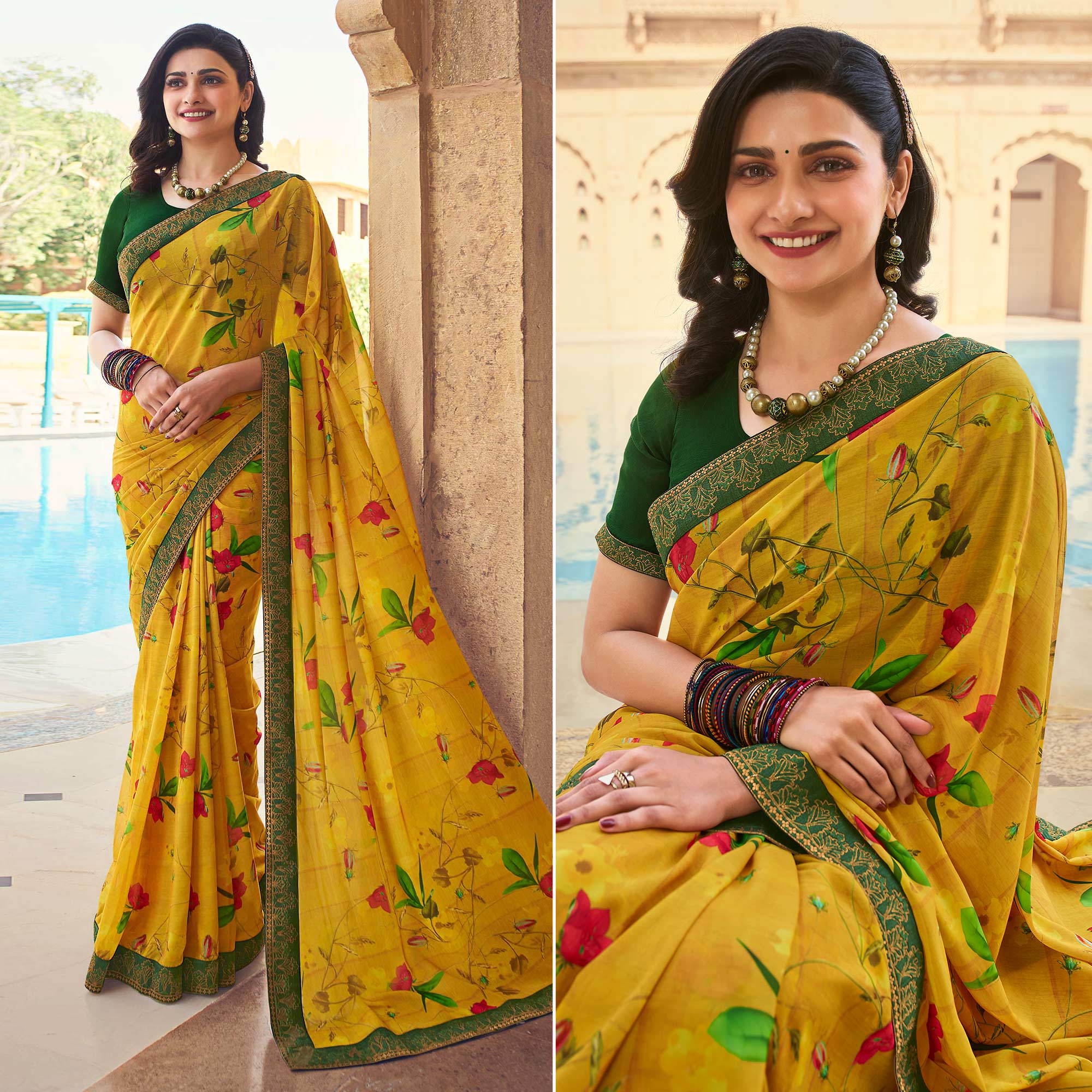 Yellow Floral Printed Georgette Saree