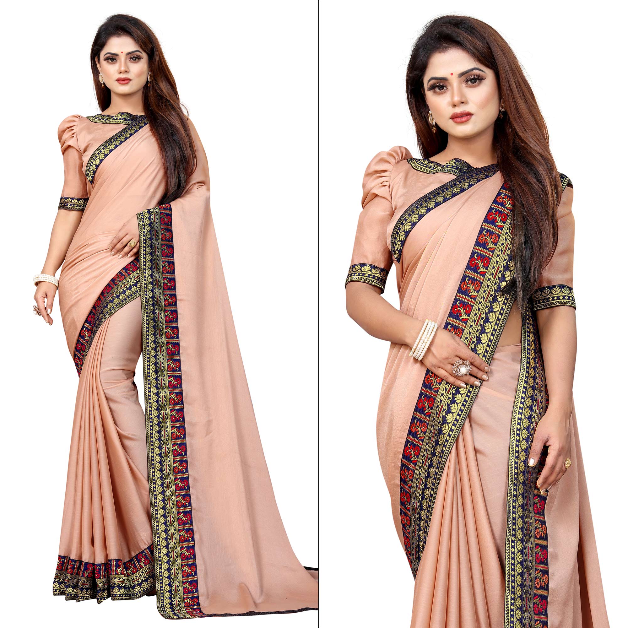 Beige Solid With Woven Border Vichitra Silk Saree