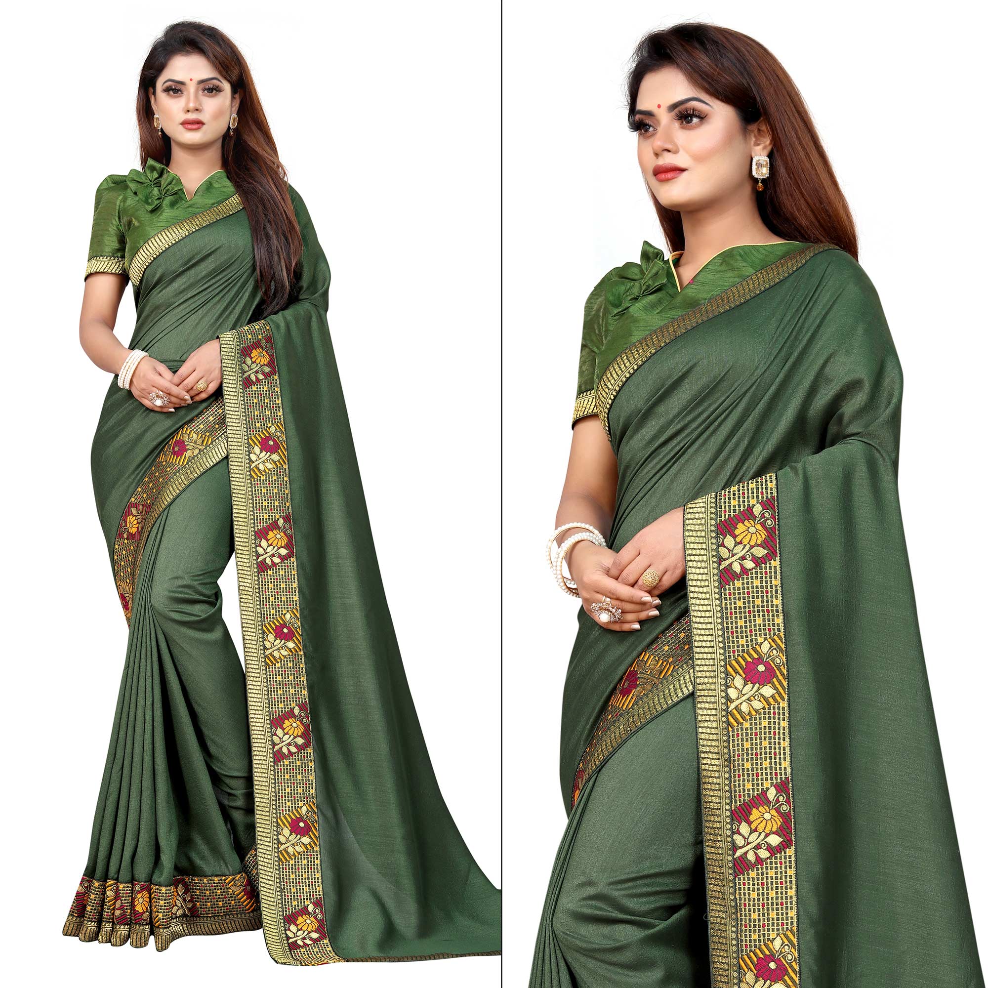 Mehandi Green Solid With Woven Border Vichitra Silk Saree