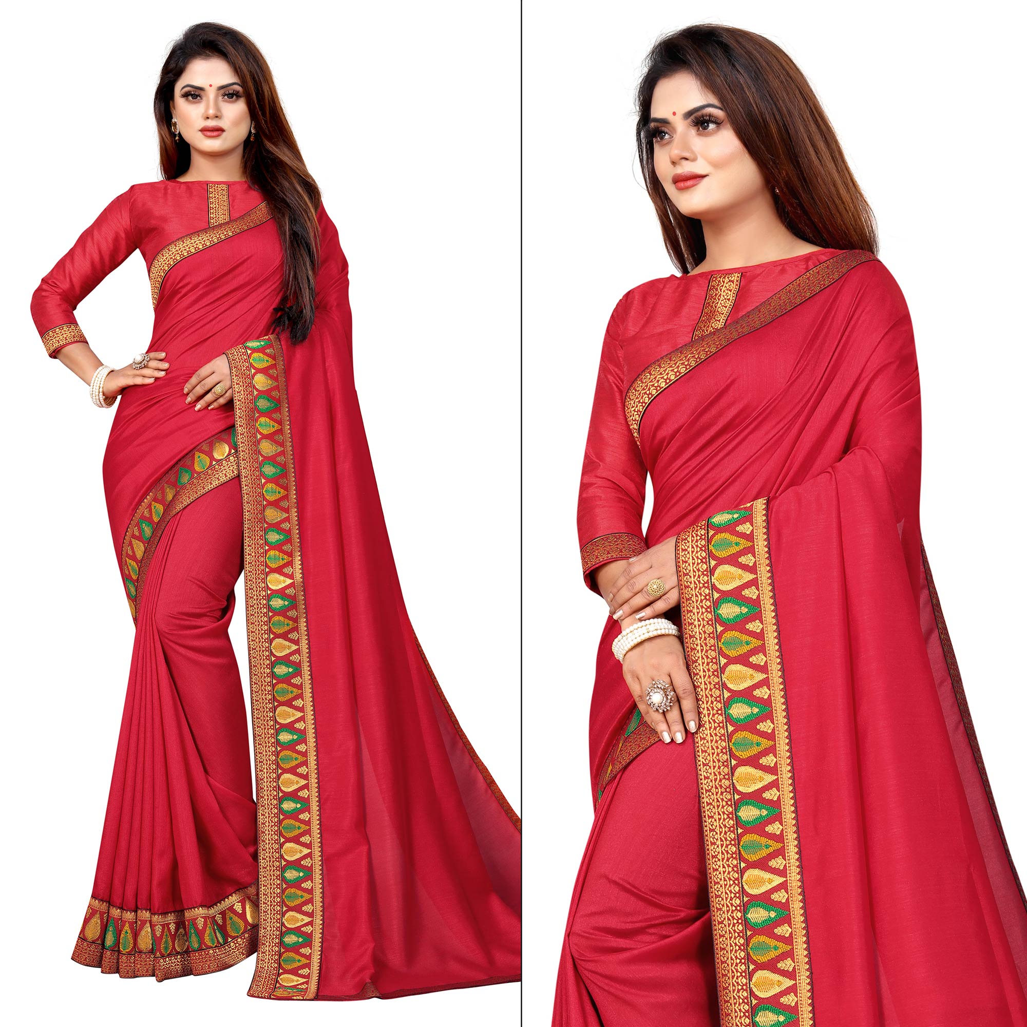 Red Solid With Woven Border Vichitra Silk Saree