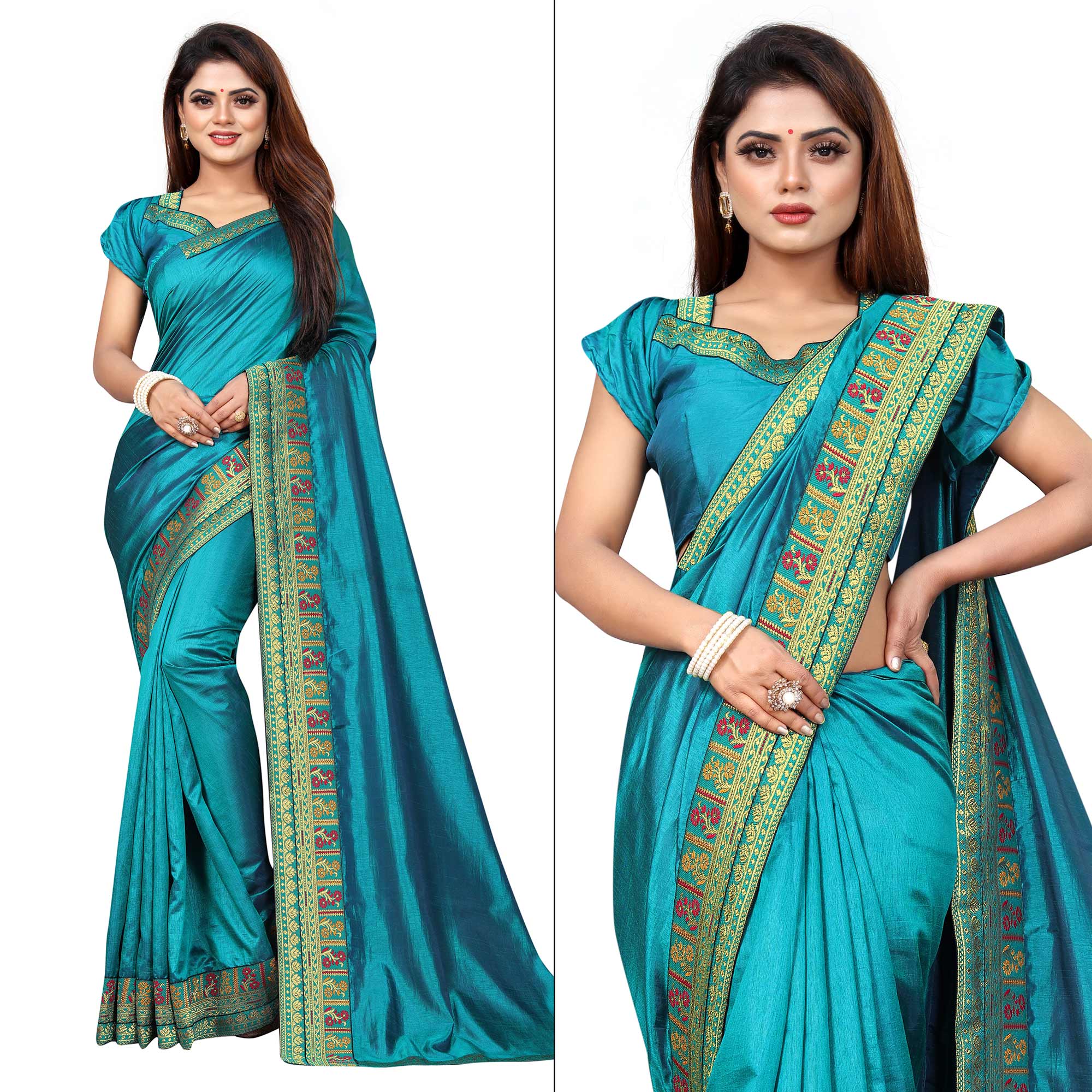 Turquoise Solid With Woven Border Vichitra Silk Saree