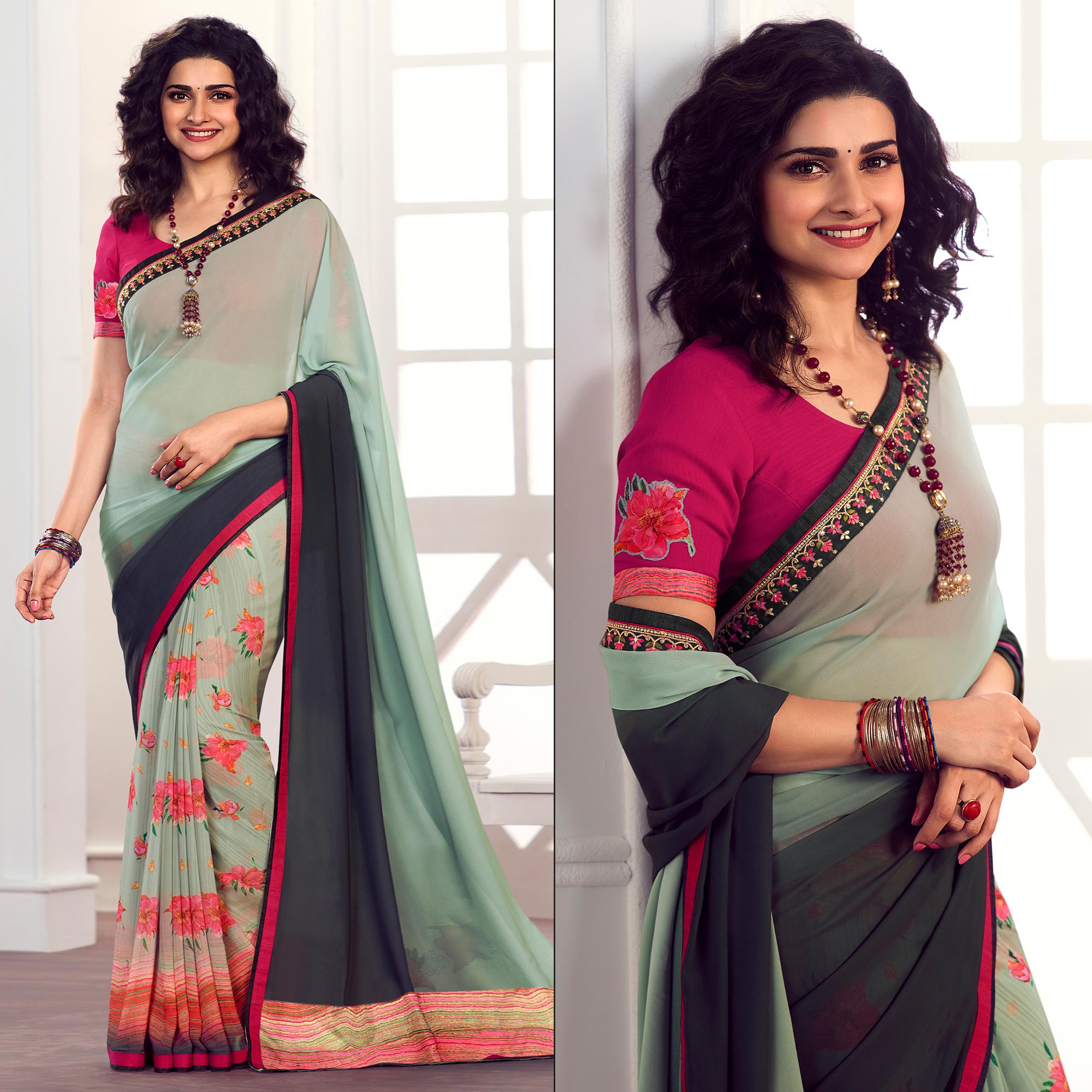 Light Green Floral Printed Georgette Saree