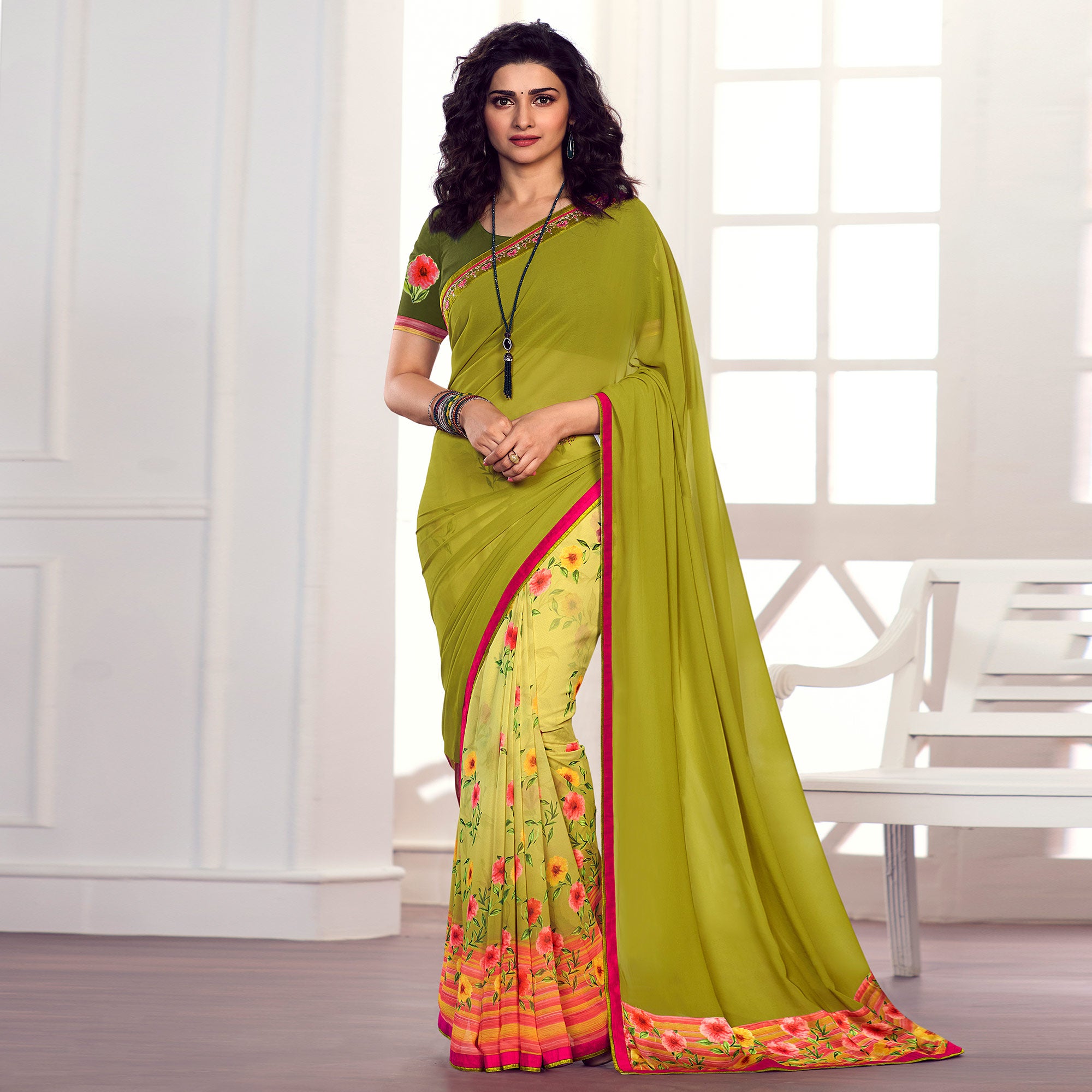 Olive Green Floral Printed Georgette Saree