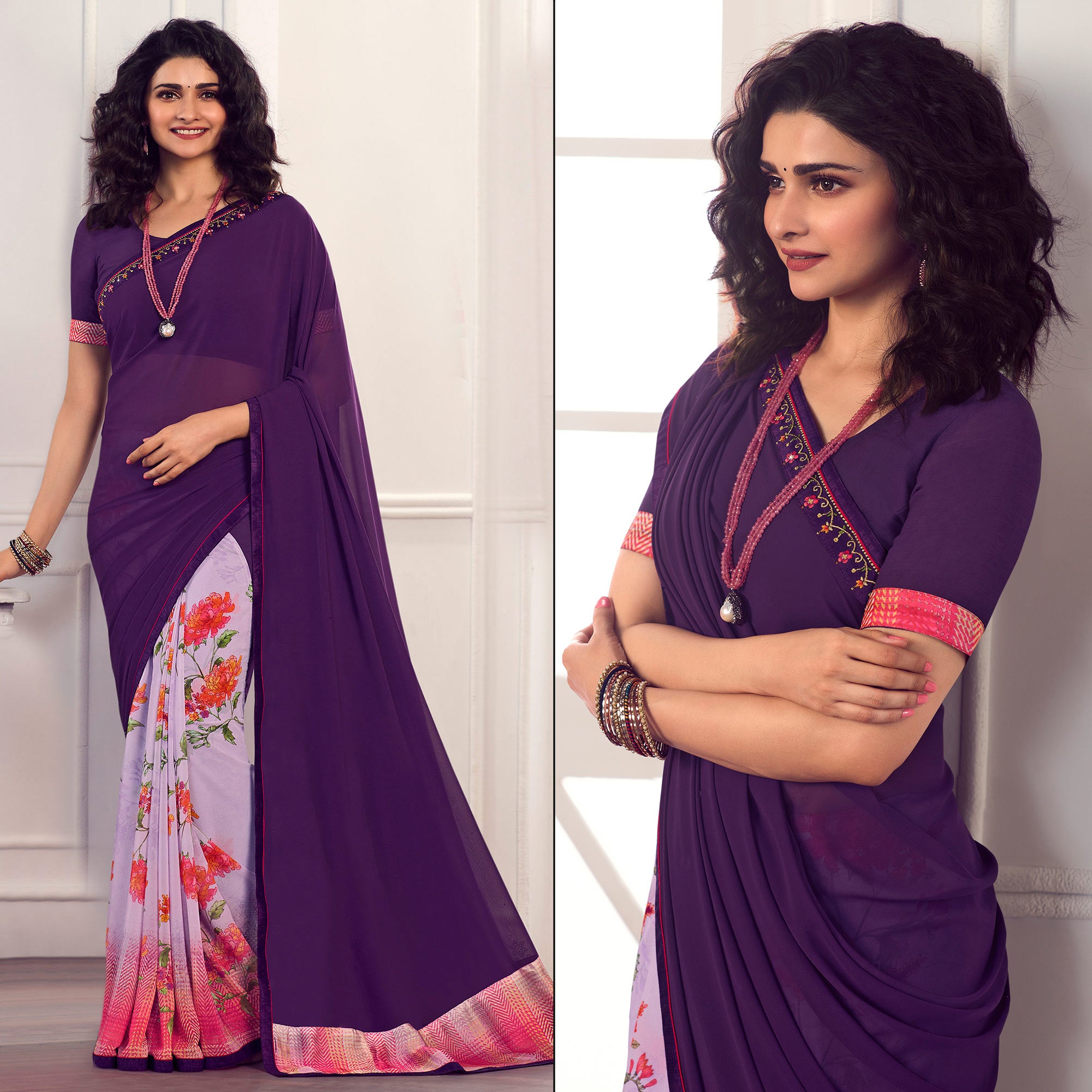 Purple Floral Printed Georgette Saree