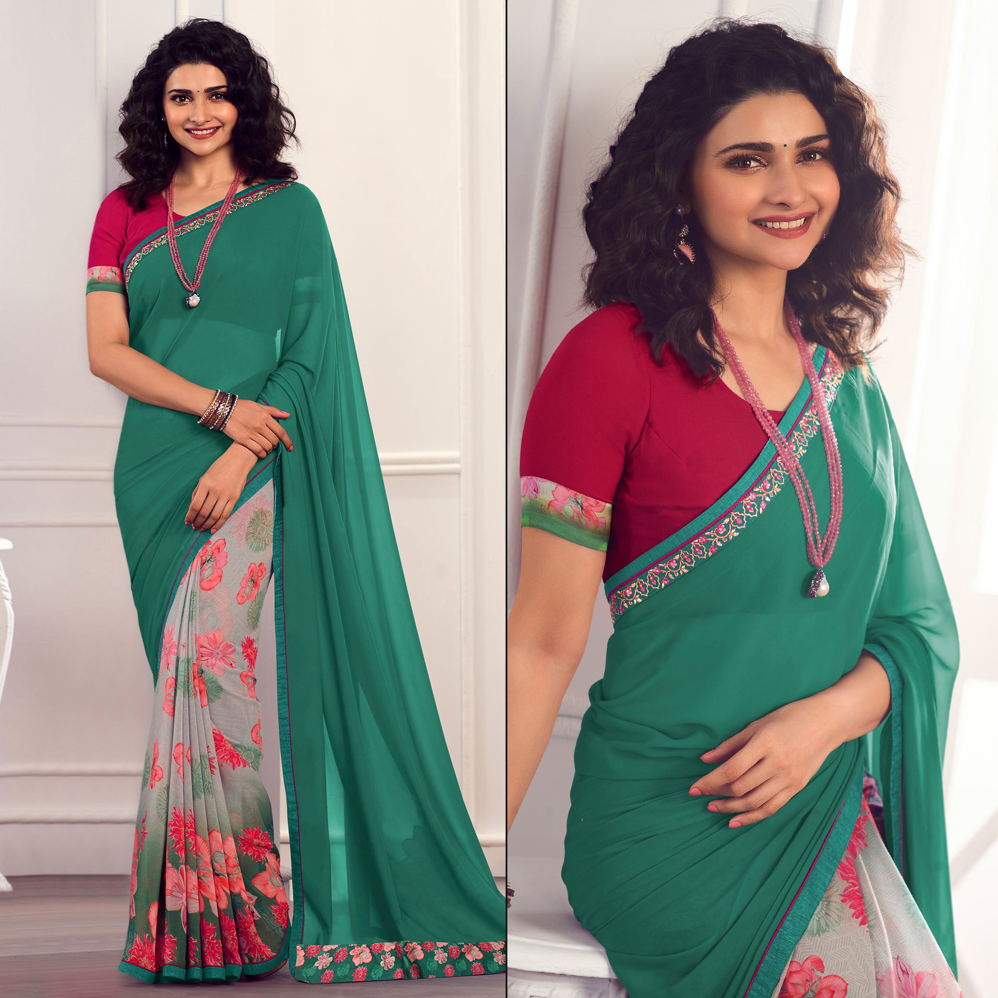 Rama Green Floral Printed Georgette Saree