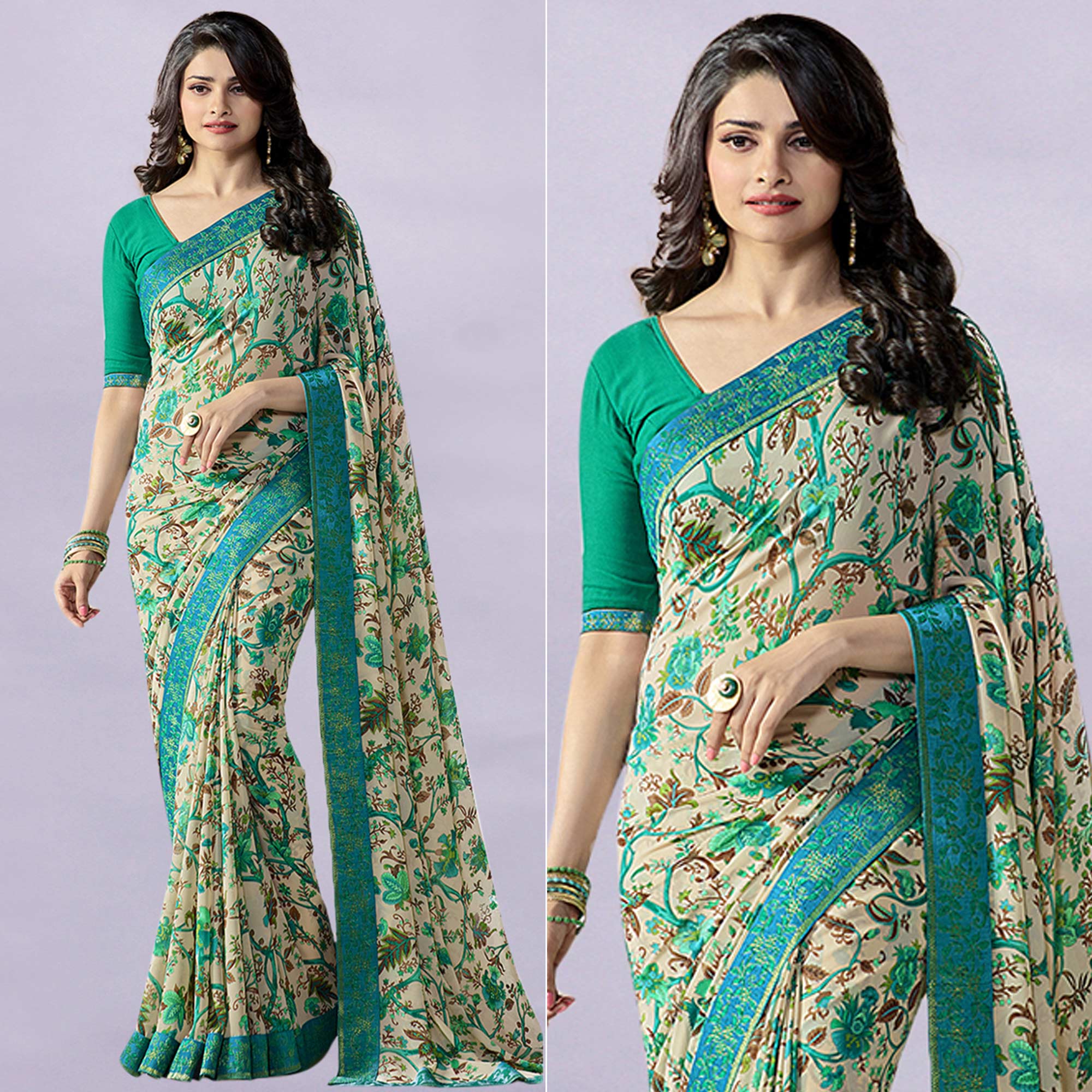 Beige Floral Printed Georgette Saree