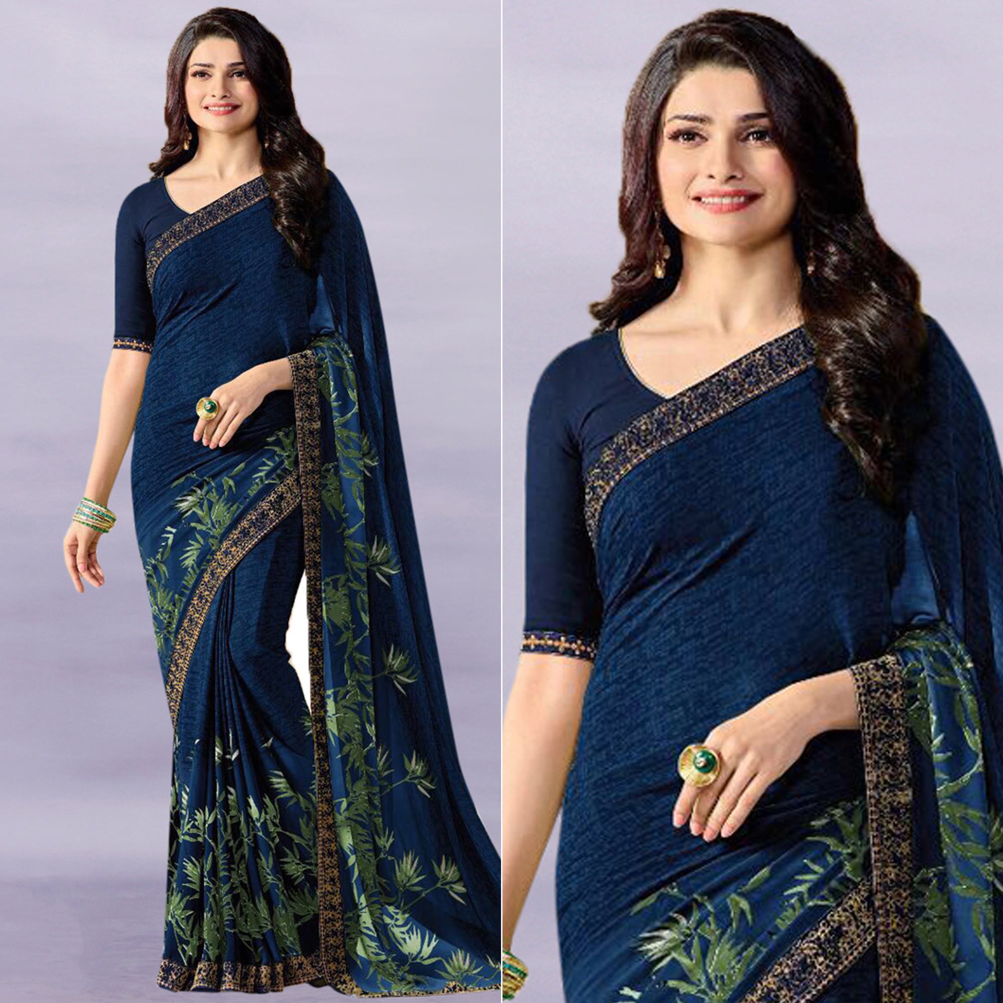 Dark Blue Floral Printed Georgette Saree