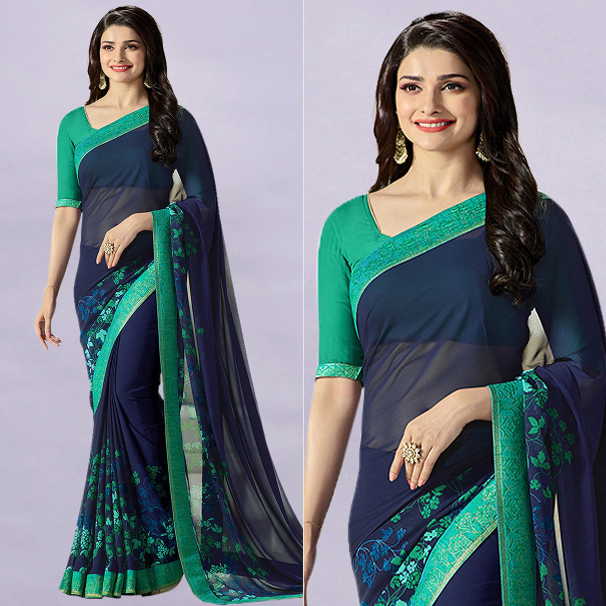 Navy Blue Floral Printed Georgette Saree