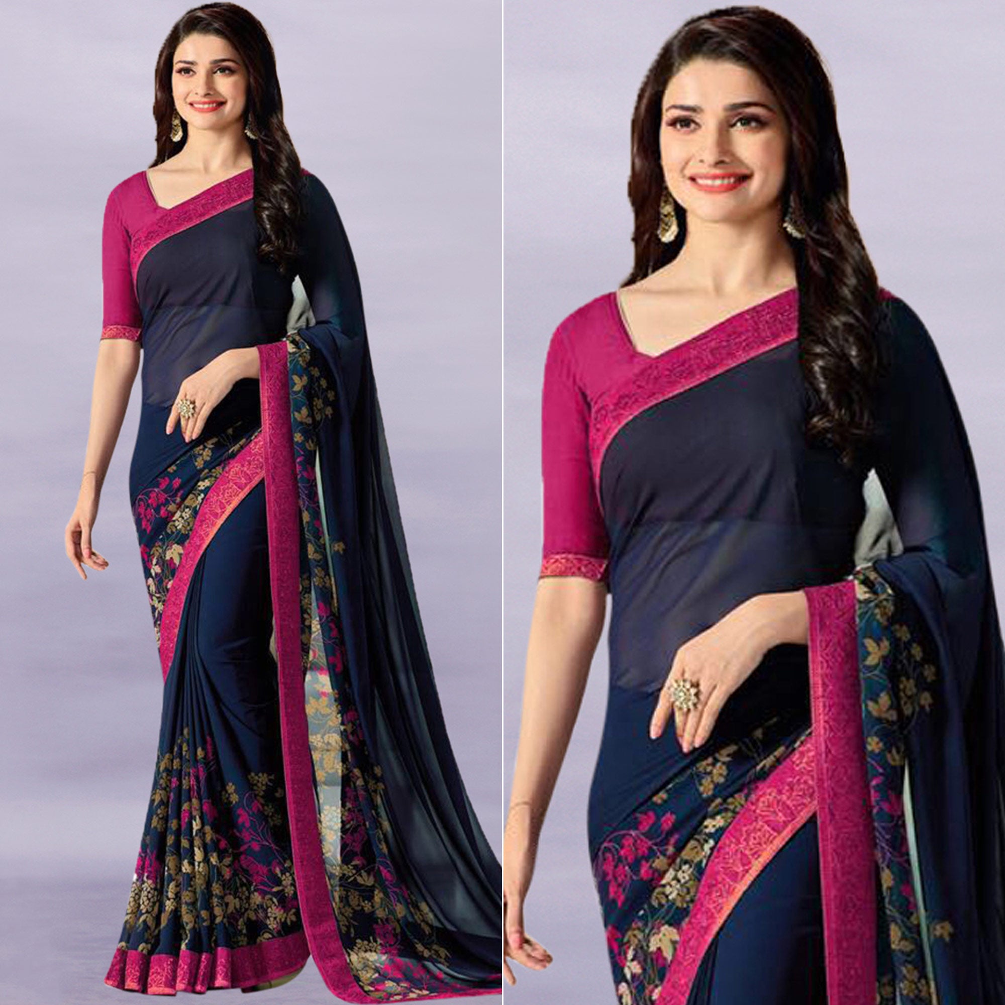 Navy Blue & Pink Floral Printed Georgette Saree