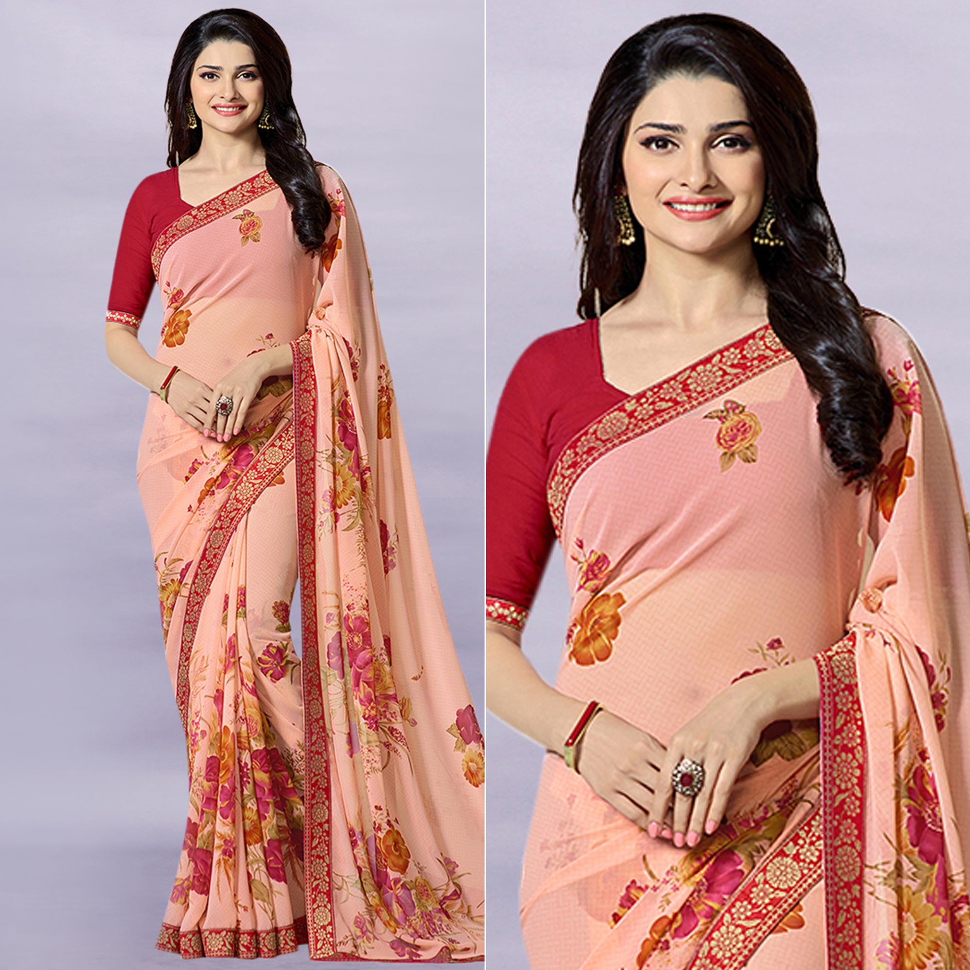 Peach Floral Printed Georgette Saree