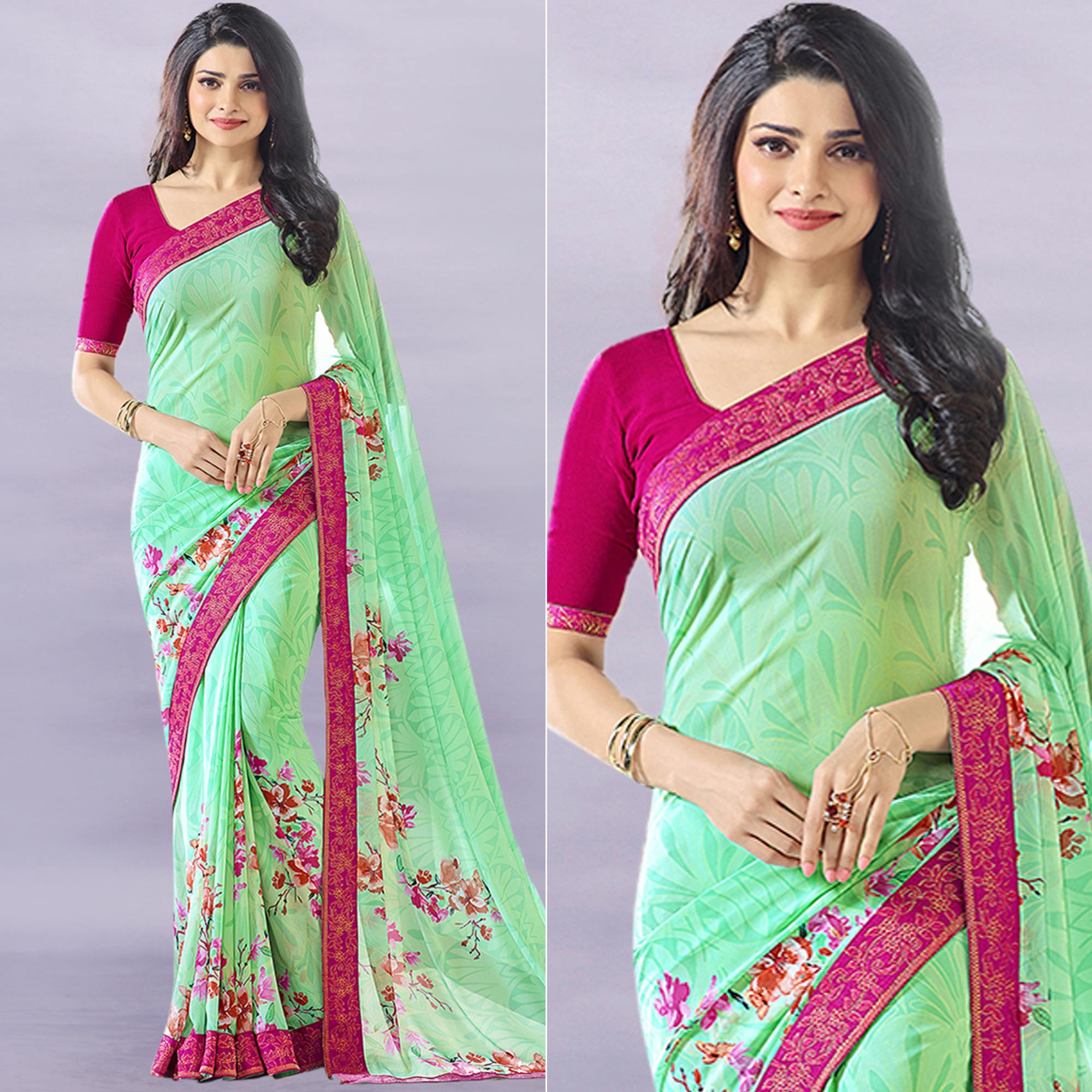 Sea Green Floral Printed Georgette Saree