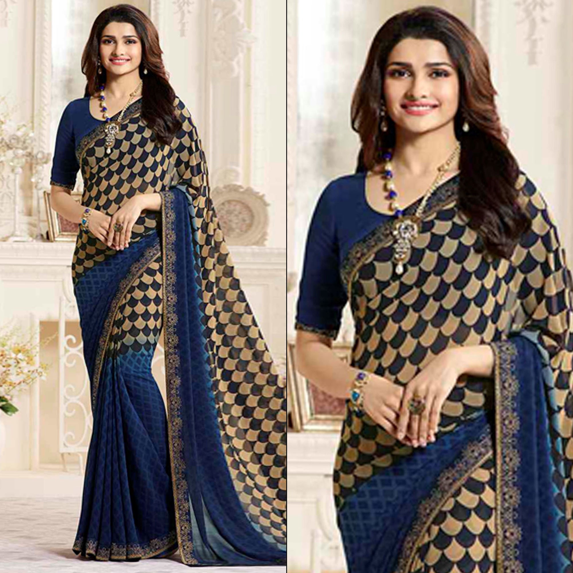 Blue Printed Georgette Saree With Lace Border