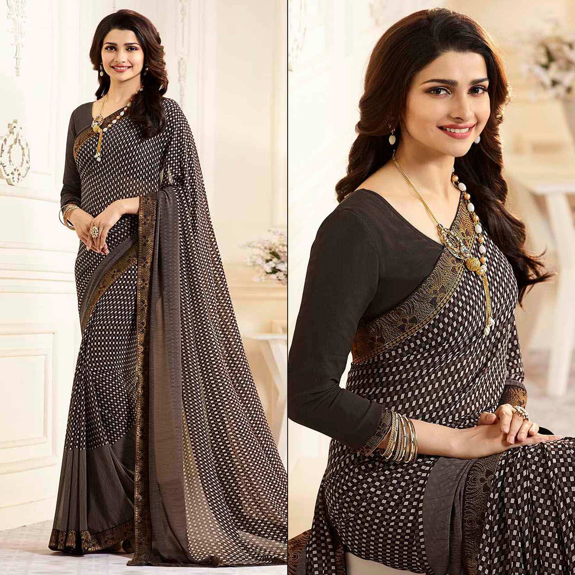 Brown Printed Georgette Saree With Lace Border