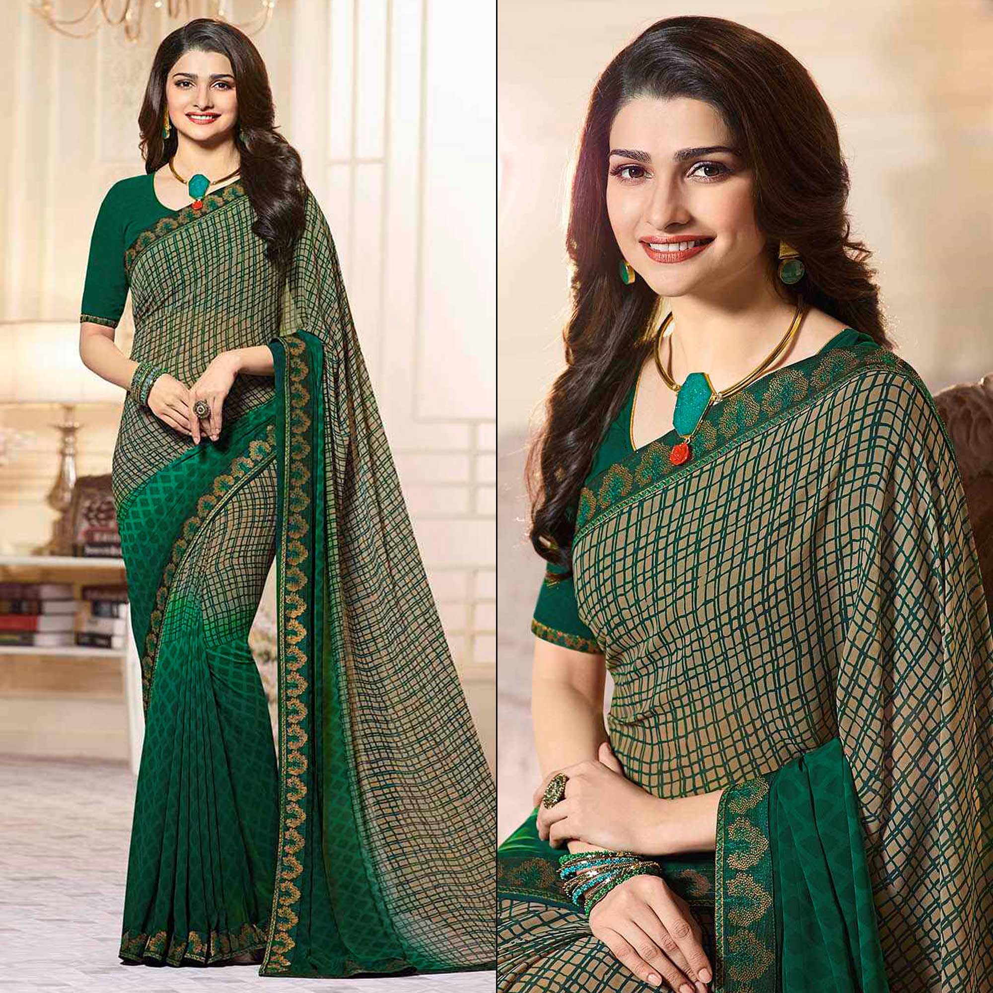 Green Printed Georgette Saree With Lace Border