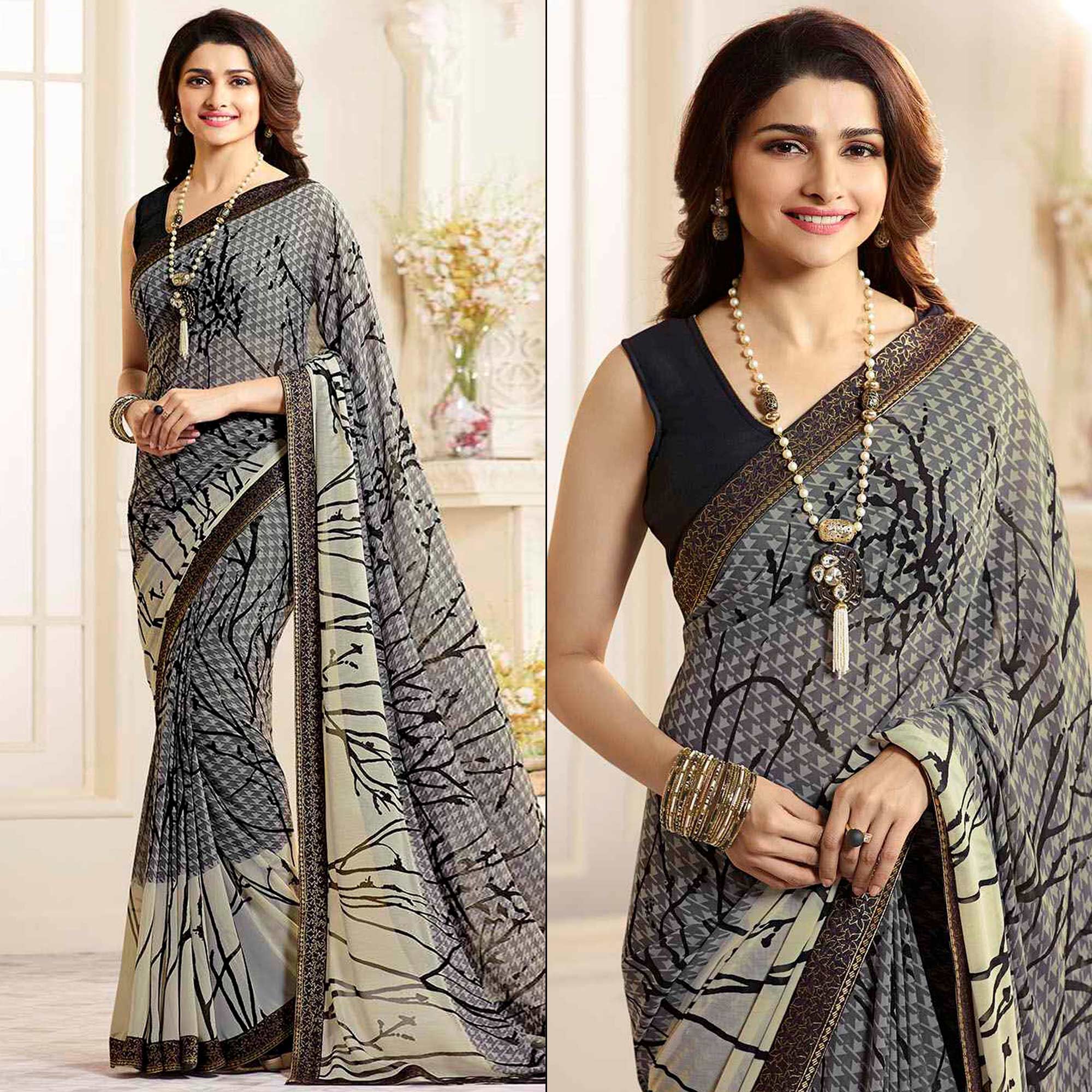 Grey Printed Georgette Saree With Lace Border
