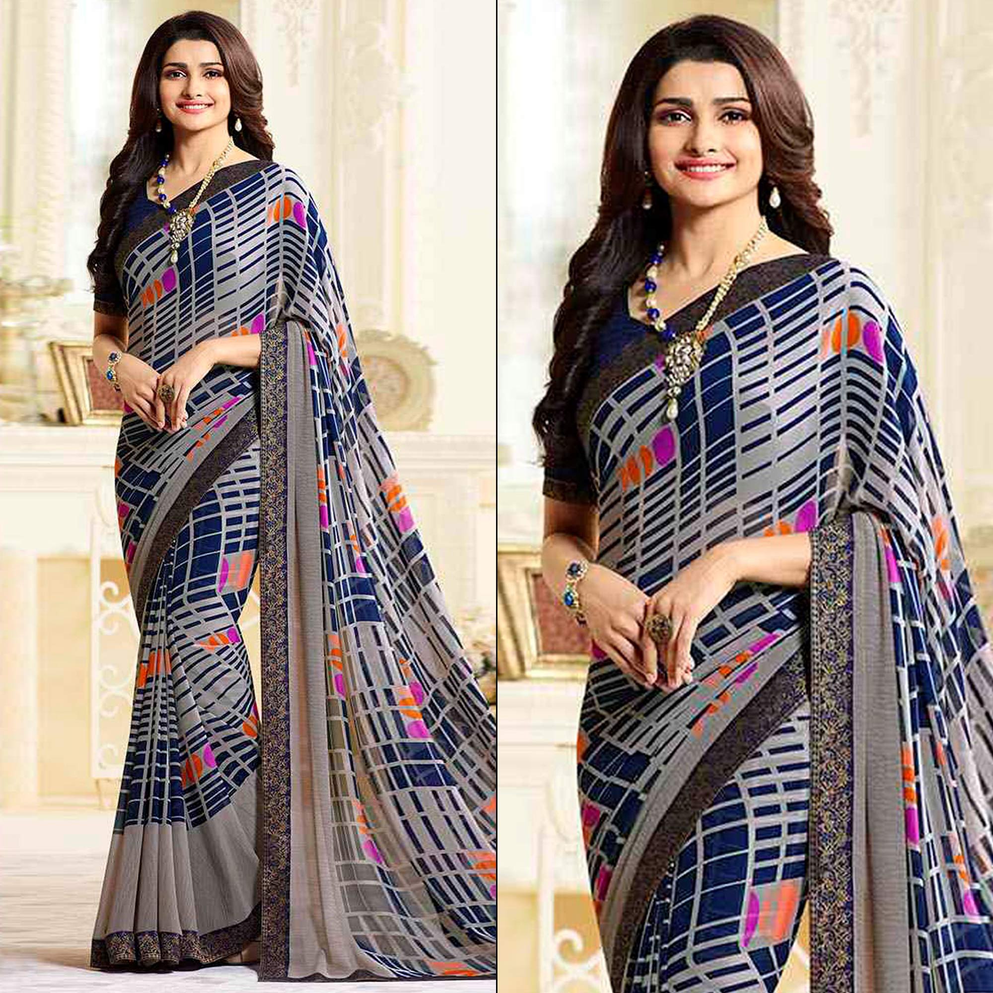 Grey & Blue Printed Georgette Saree With Lace Border