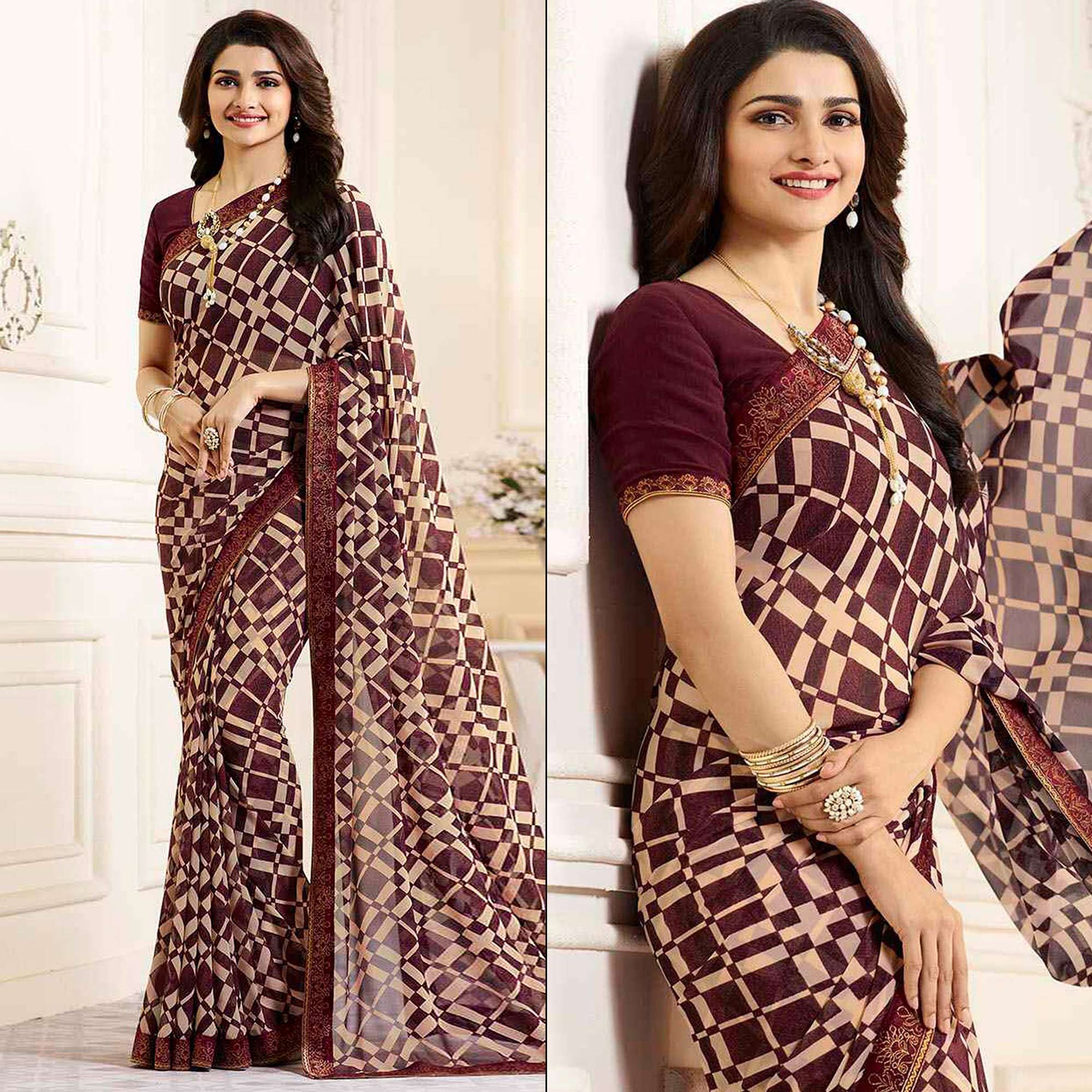 Maroon Printed Georgette Saree With Lace Border