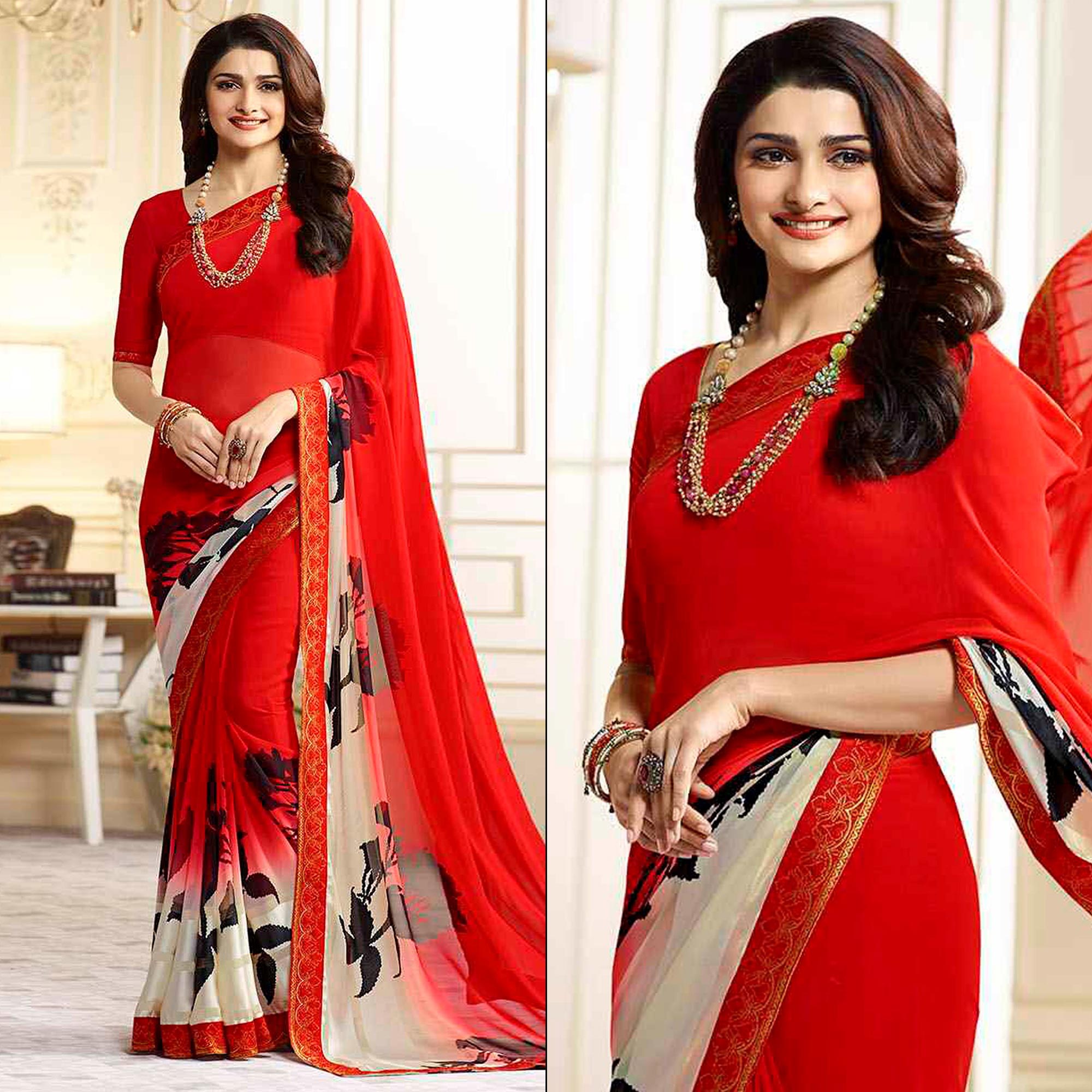 Red Printed Georgette Saree With Lace Border