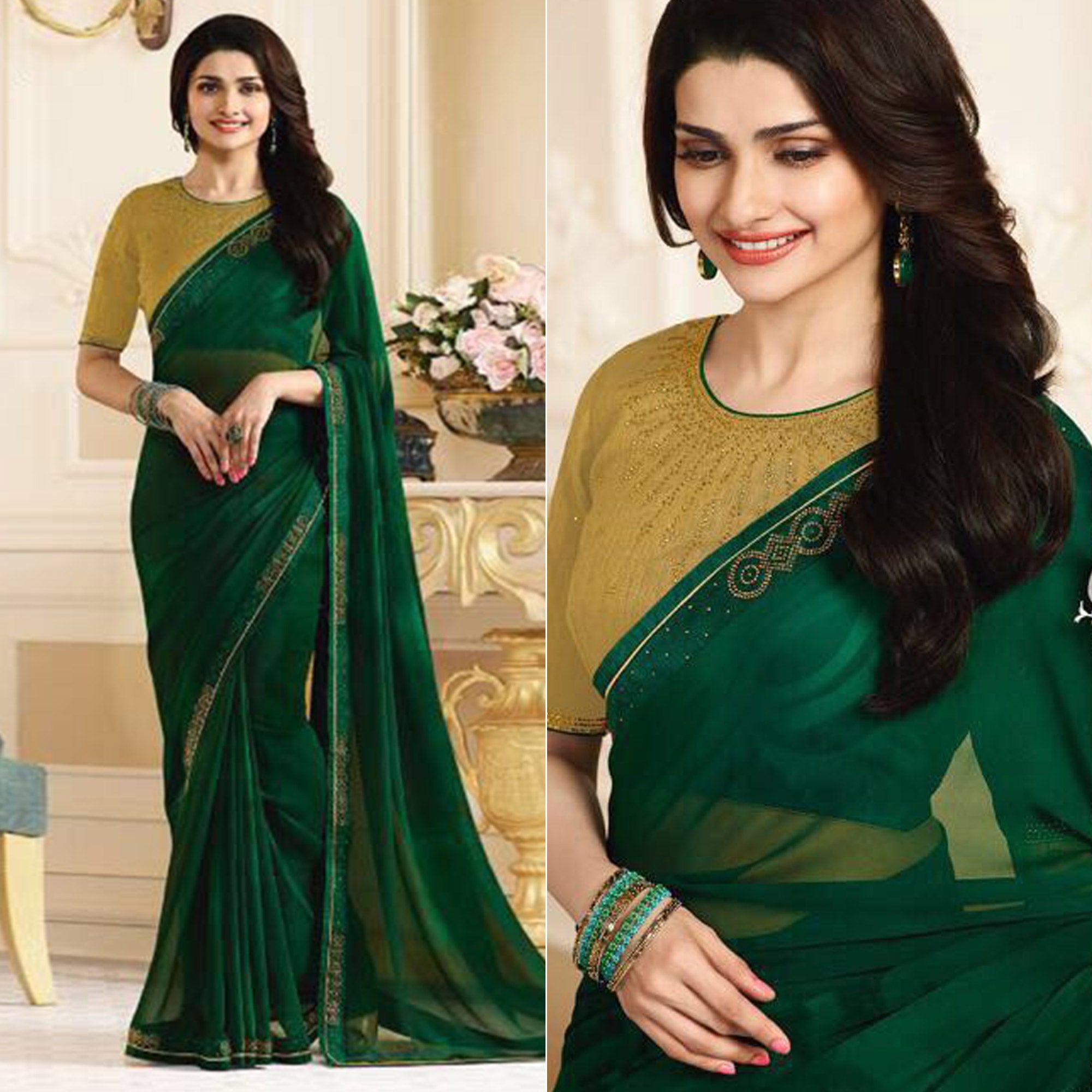 Green Swarovski Work Georgette Saree