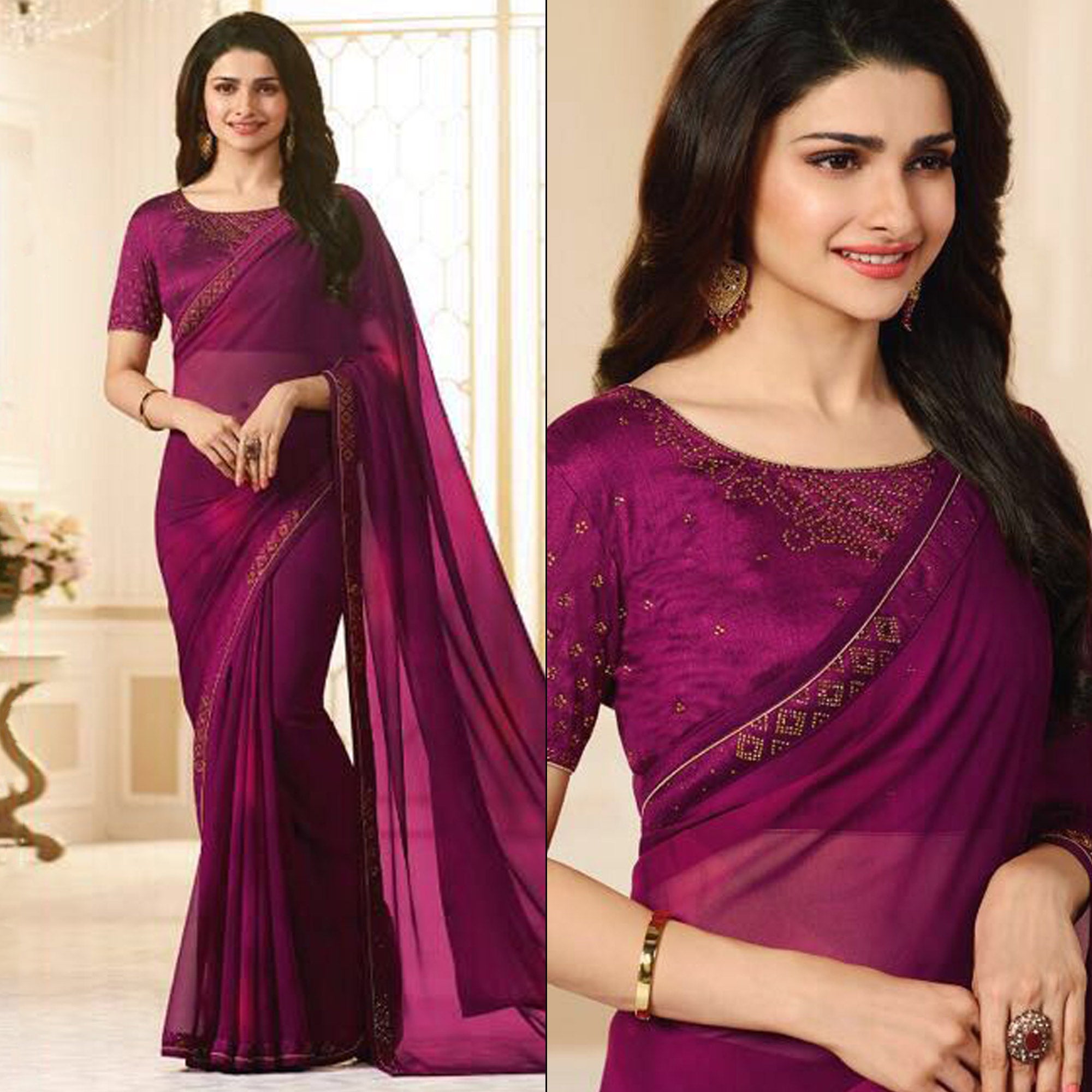 Purple Swarovski Work Georgette Saree