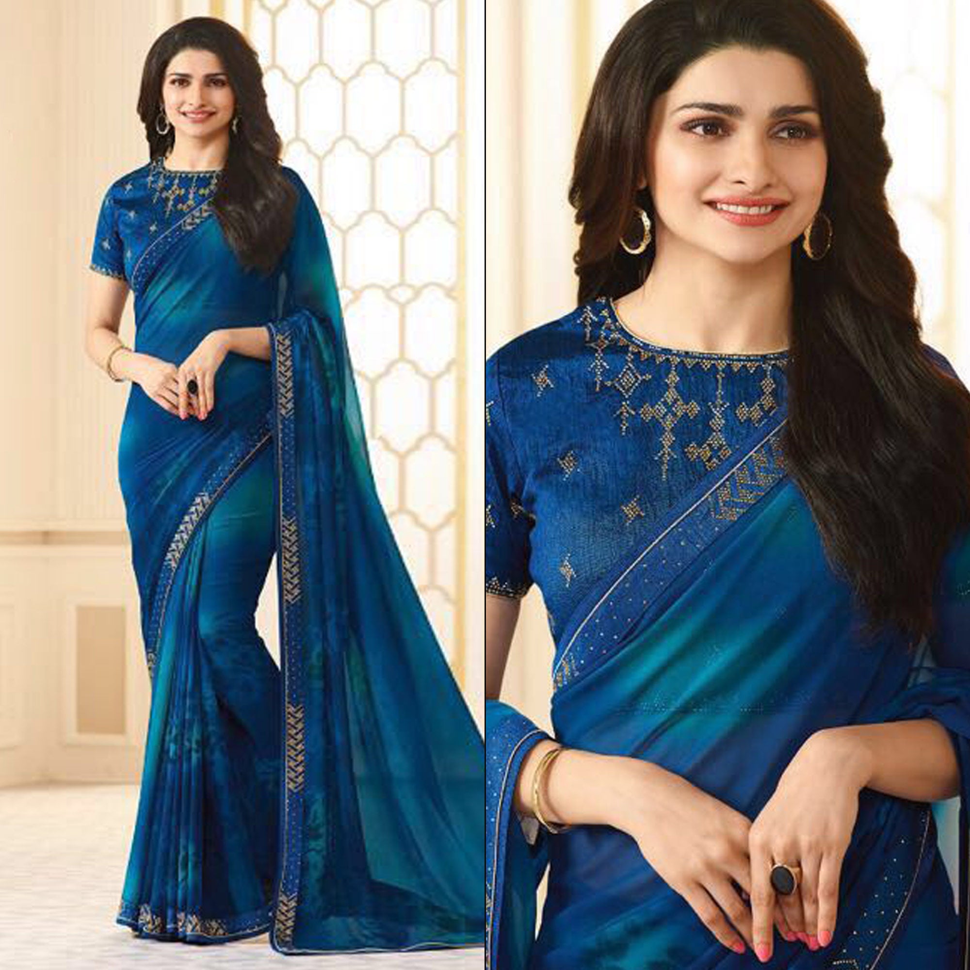 Royal Blue Swarovski Work Georgette Saree