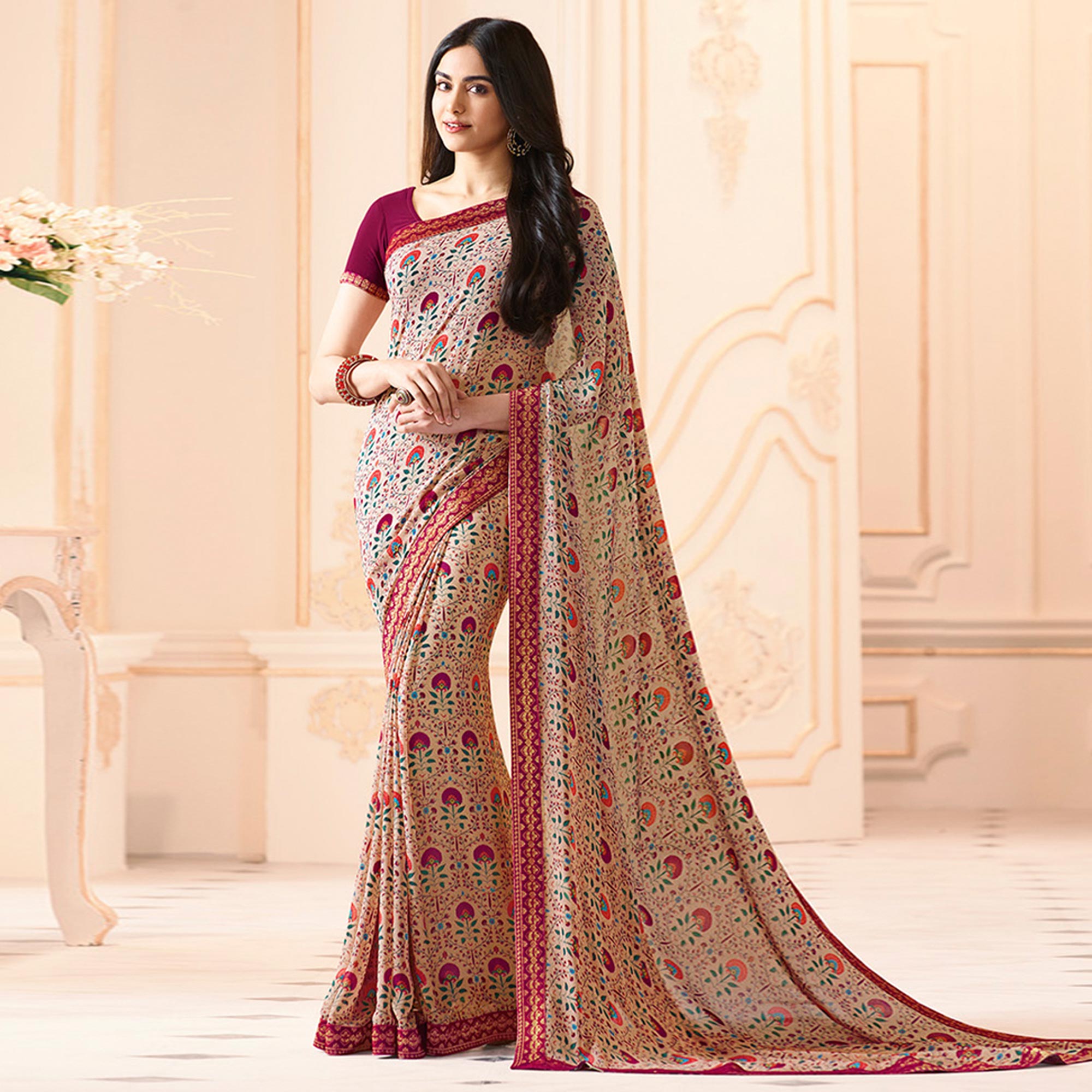 Beige Floral Printed Georgette Saree With Lace Border