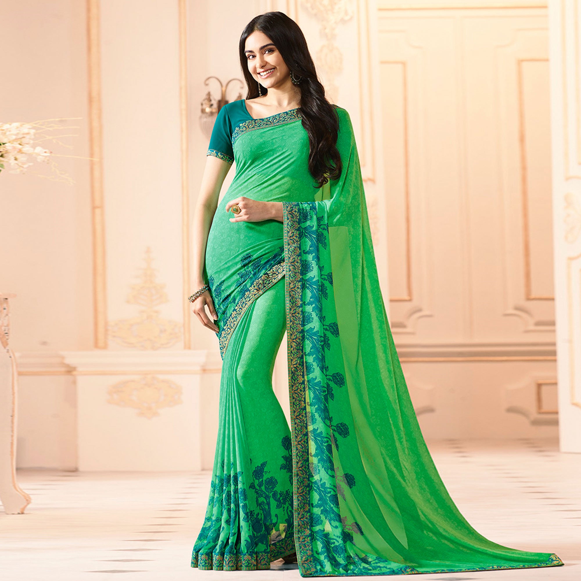 Green Floral Printed Georgette Saree With Lace Border