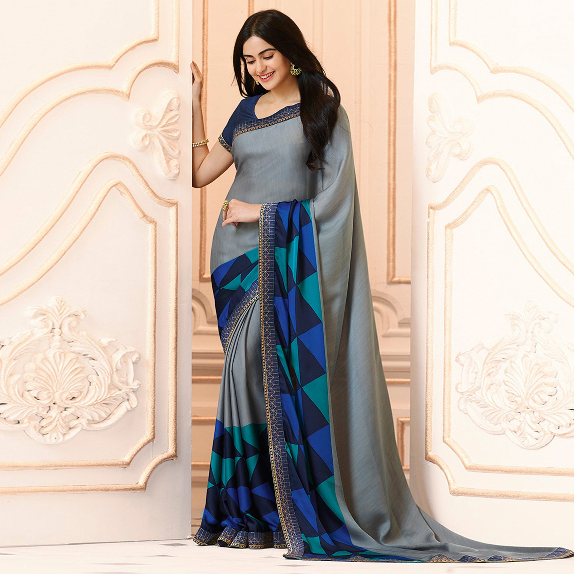 Grey Printed Art Silk Saree With Lace Border